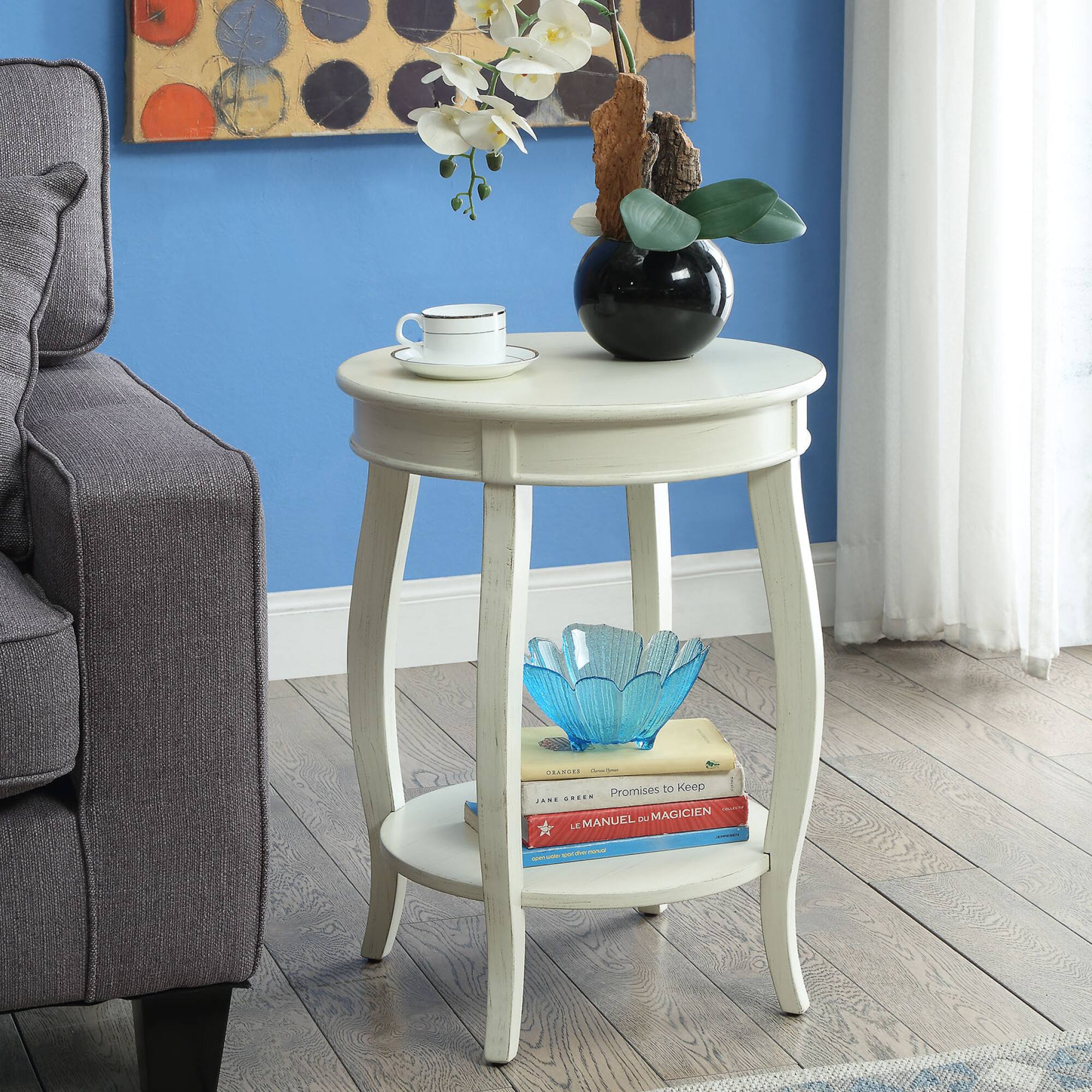 GOODSILO - Elegant Teal Finish Round Accent Table with Cabriole Legs and Bottom Storage Shelf for Living Room Decor - Antique White