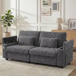 Dyonery - 91" Modern Loveseat Sofa for Living Room, Grey Corduroy 2 Seater Sofa with Storage Armrests,USB Charging & Cup Holders - Gray