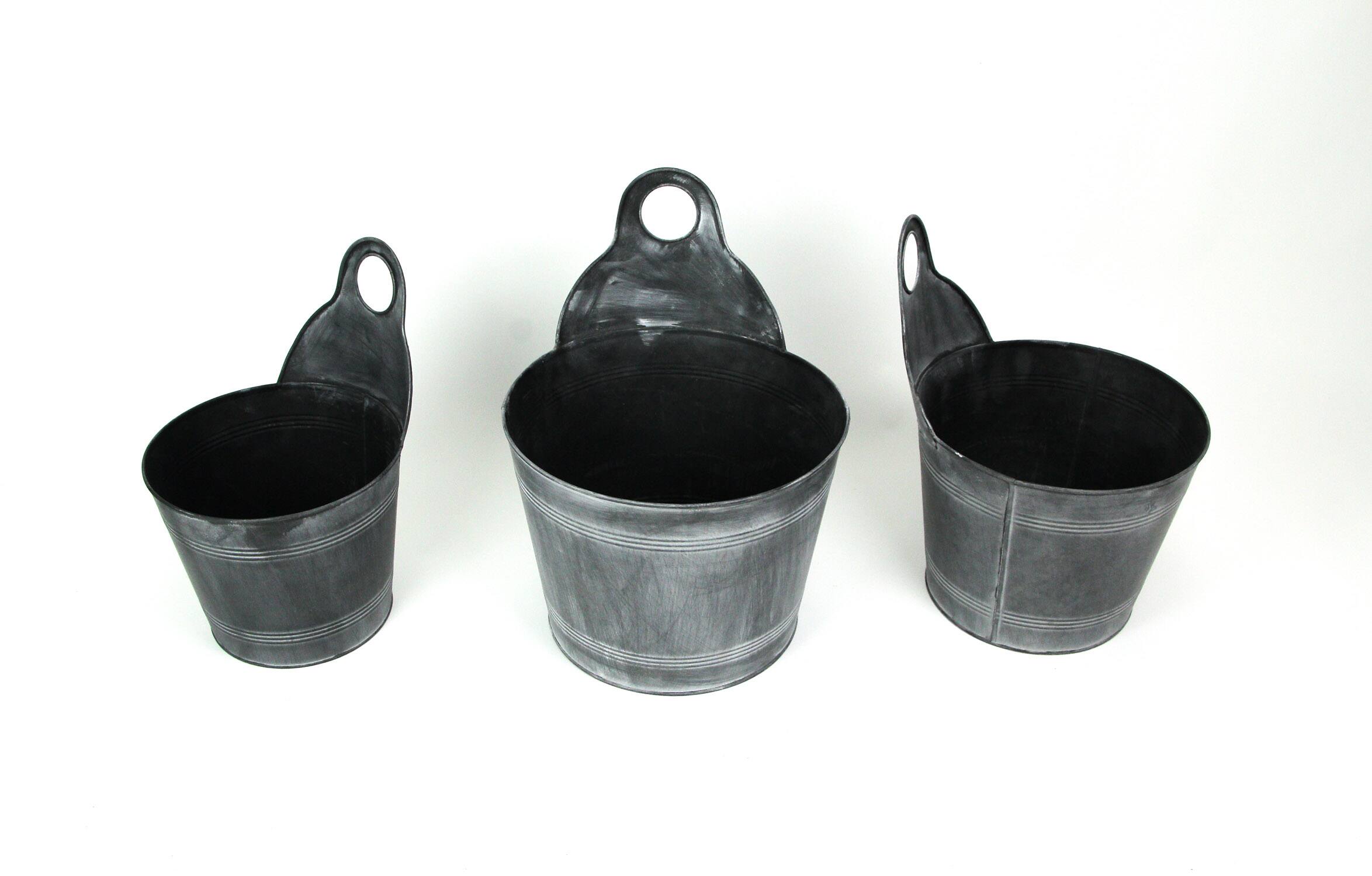 Alt View 1. PD Home & Garden - Set of 3 Charcoal Gray Finish Metal Bucket Style Hangable Planters - Grey.
