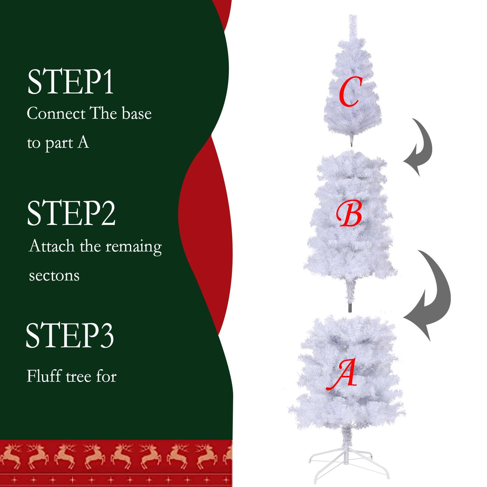 Sure, here is the corrected and grouped text:

**STEP 1**  
Connect the base to part A

**STEP 2**  
Attach the remaining sections

**STEP 3**  
Fluff tree for A
