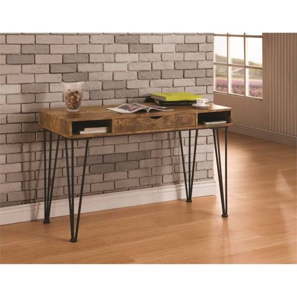 Angle. Hivvago - Farmhouse Rustic Home Office 1 Drawer Writing Desk - Rustic Brown.