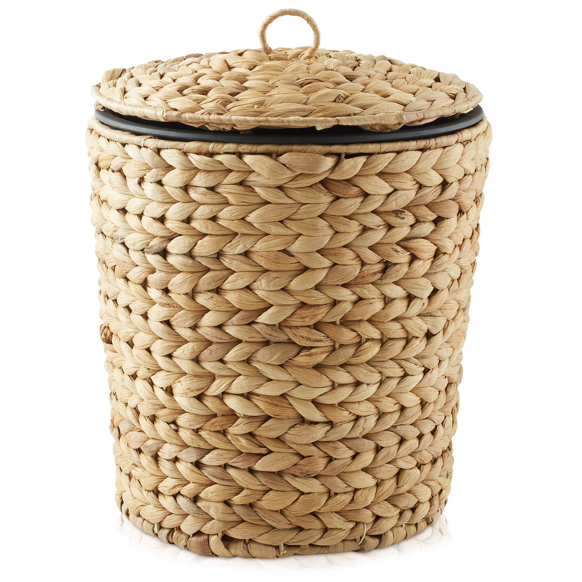 Alt View 1. Casafield - Water Hyacinth Waste Basket with Lid - Woven Trash Can - Natural.