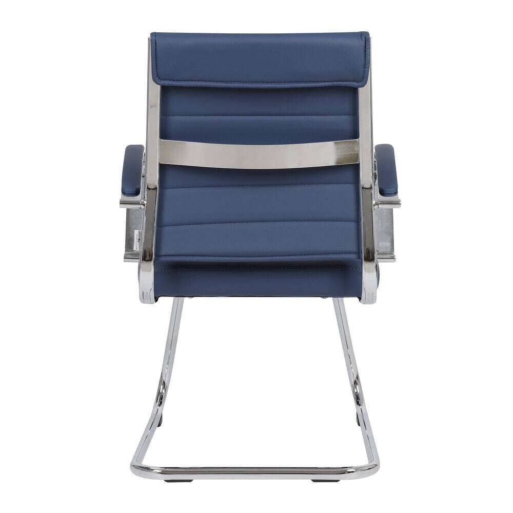 Alt View 6. LeisureMod - Set of 8 Benmar Modern Leather Office Desk Chair with Chrome Frame, Sled Base, and Padded Armrests - Navy Blue.