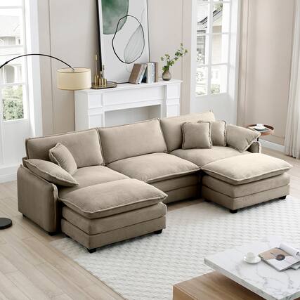 Front. LOVMOR - 3 Seater Modular Storage Ottoman Corduroy Couch Easy Assembly Memory Foam For Living Room Bedroom Club Soft TV - Camel.