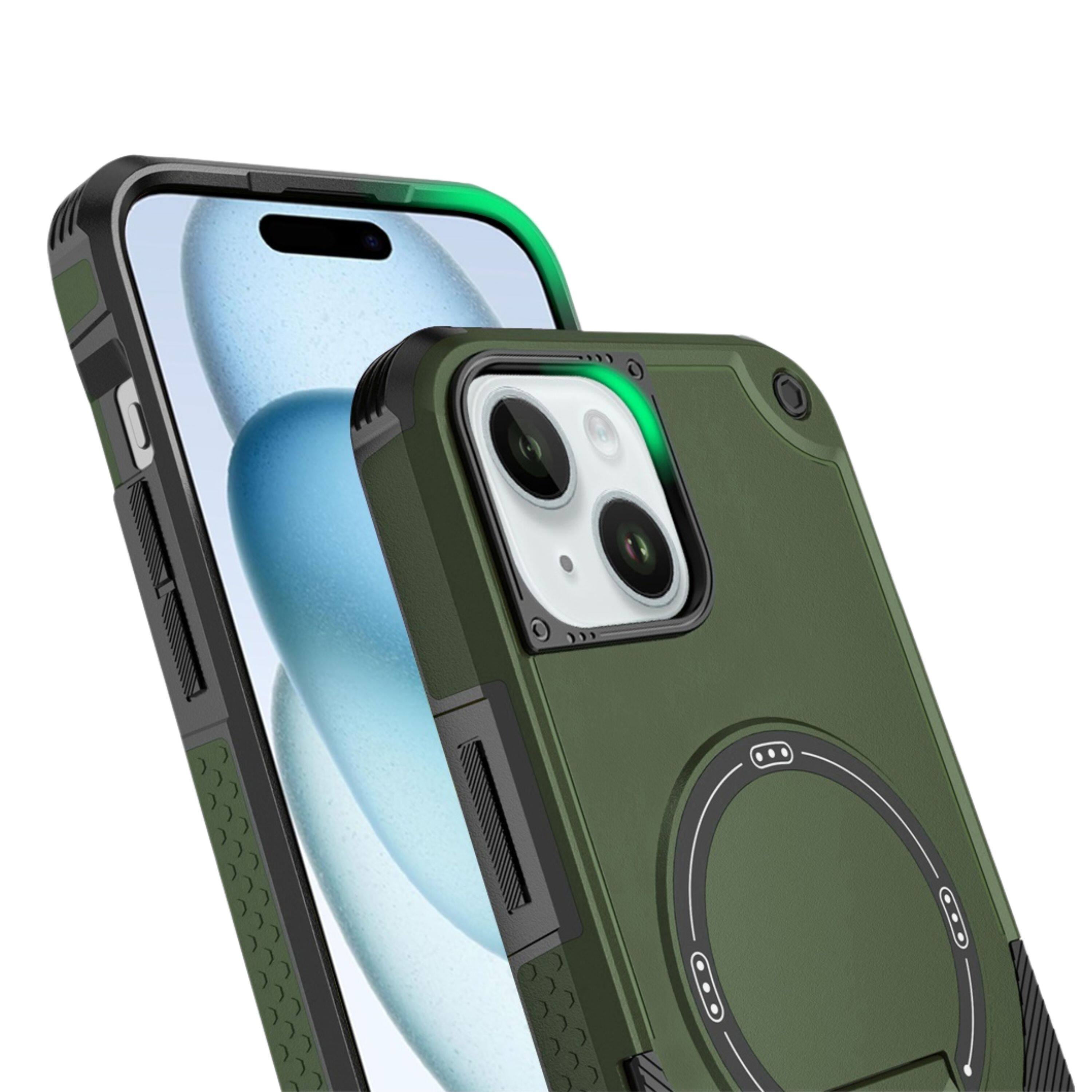 Alt View 1. Kitcheniva - Magnetic Circle Rugged Grip Kickstand Phone Case With 2 Pcs Tempered Glass For iPhone 15 Plus Midnight Green - Midnight Green.
