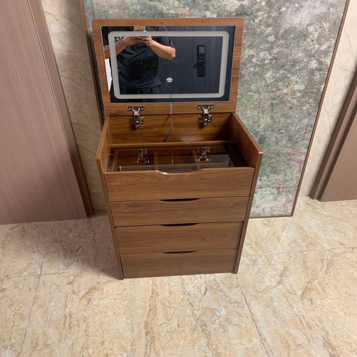 Alt View 1. Loheer - Loheer Walnut Makeup Vanity Table, 3 Drawer Desk with Flip Top Lighted Mirror, Glass Top, Mid Century Modern - Walnut.