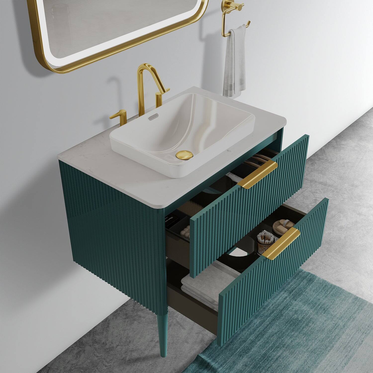 Alt View 2. Boyel Living - 30 Inch Striped Aquamarine Bathroom Vanity with Ceramic Sink, Freestanding Design, Modern Style, Pre-Assembled - Blue.