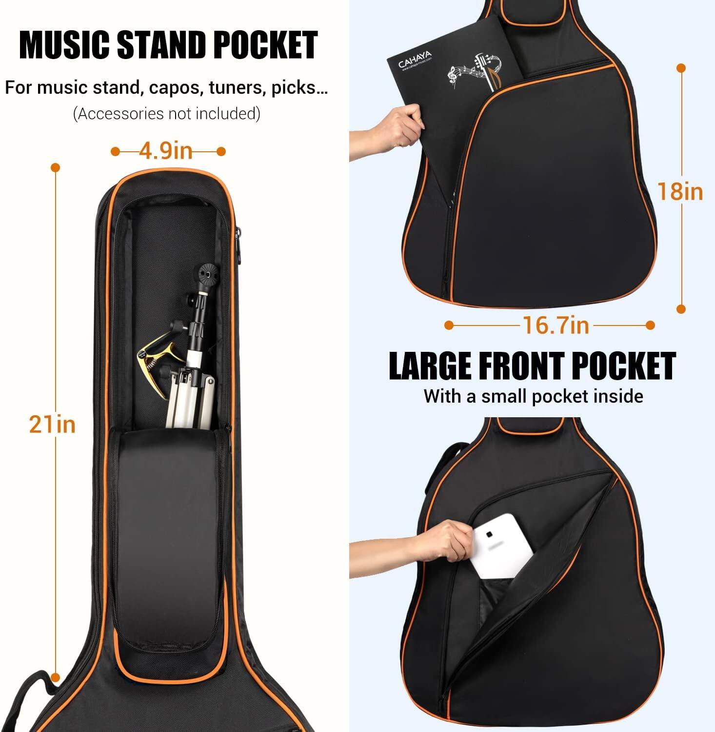 MUSIC STAND POCKET  
For music stand, capos, tuners, picks...  
(Accessories not included)  

4.9in  
18in  
21in  
16.7in  

LARGE FRONT POCKET  
With a small pocket inside