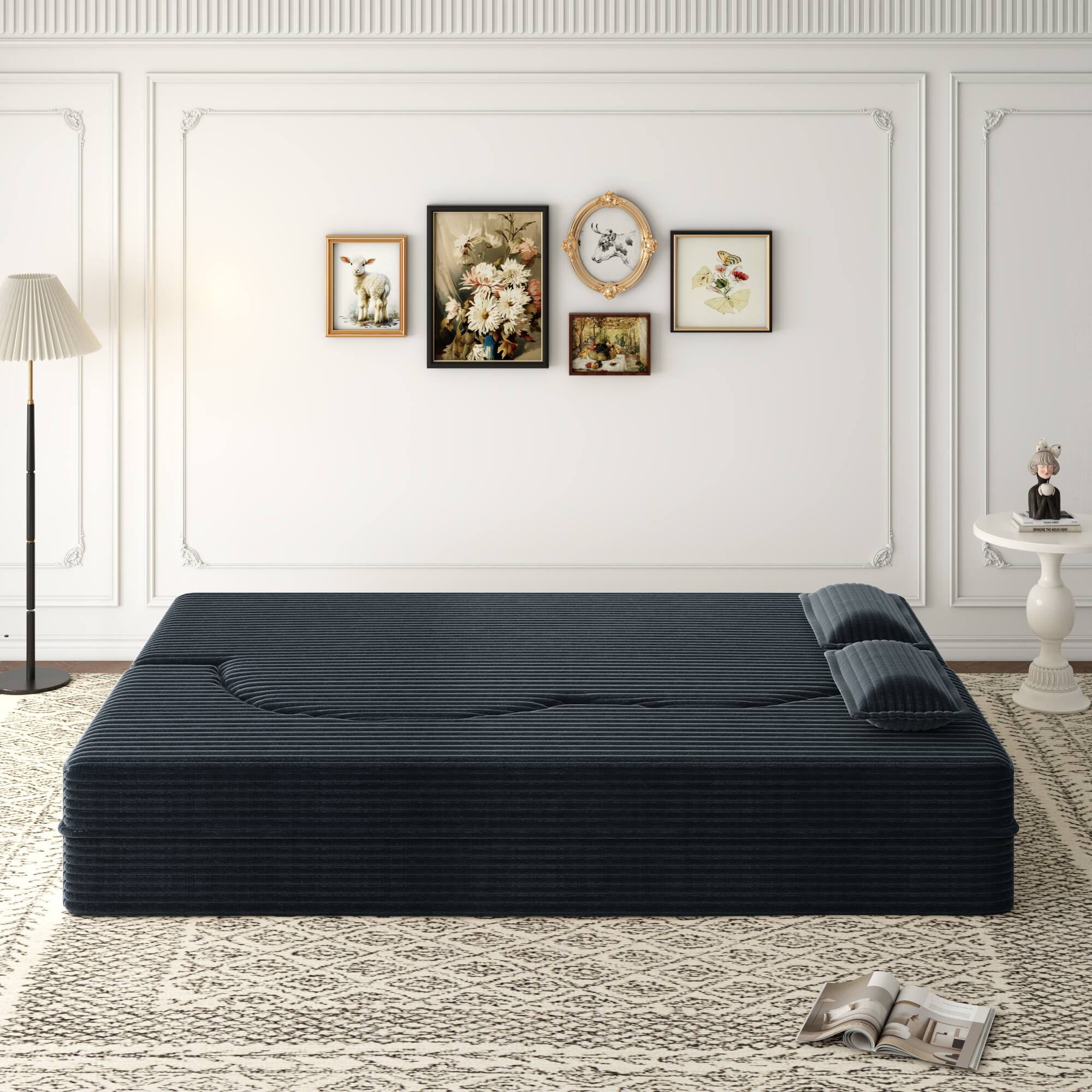 Left. GOODSILO - Convertible Plush Corduroy Floor Sleeper Sofa with Dual Pillows for Living Room and Guest Use - Dark Grey.