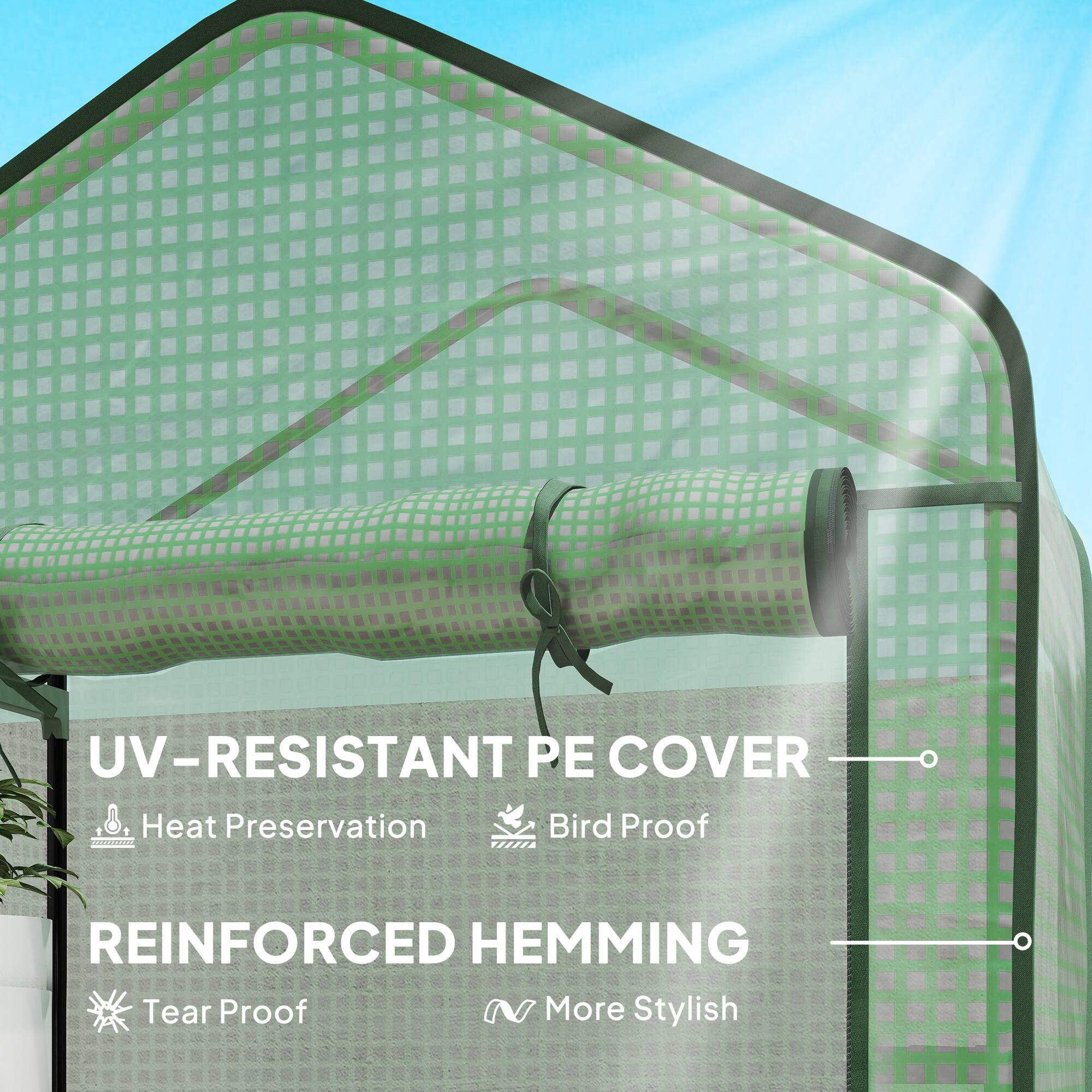 UV-Resistant PE Cover  
Heat Preservation  
Bird Proof  

Reinforced Hemming  
Tear Proof  
More Stylish