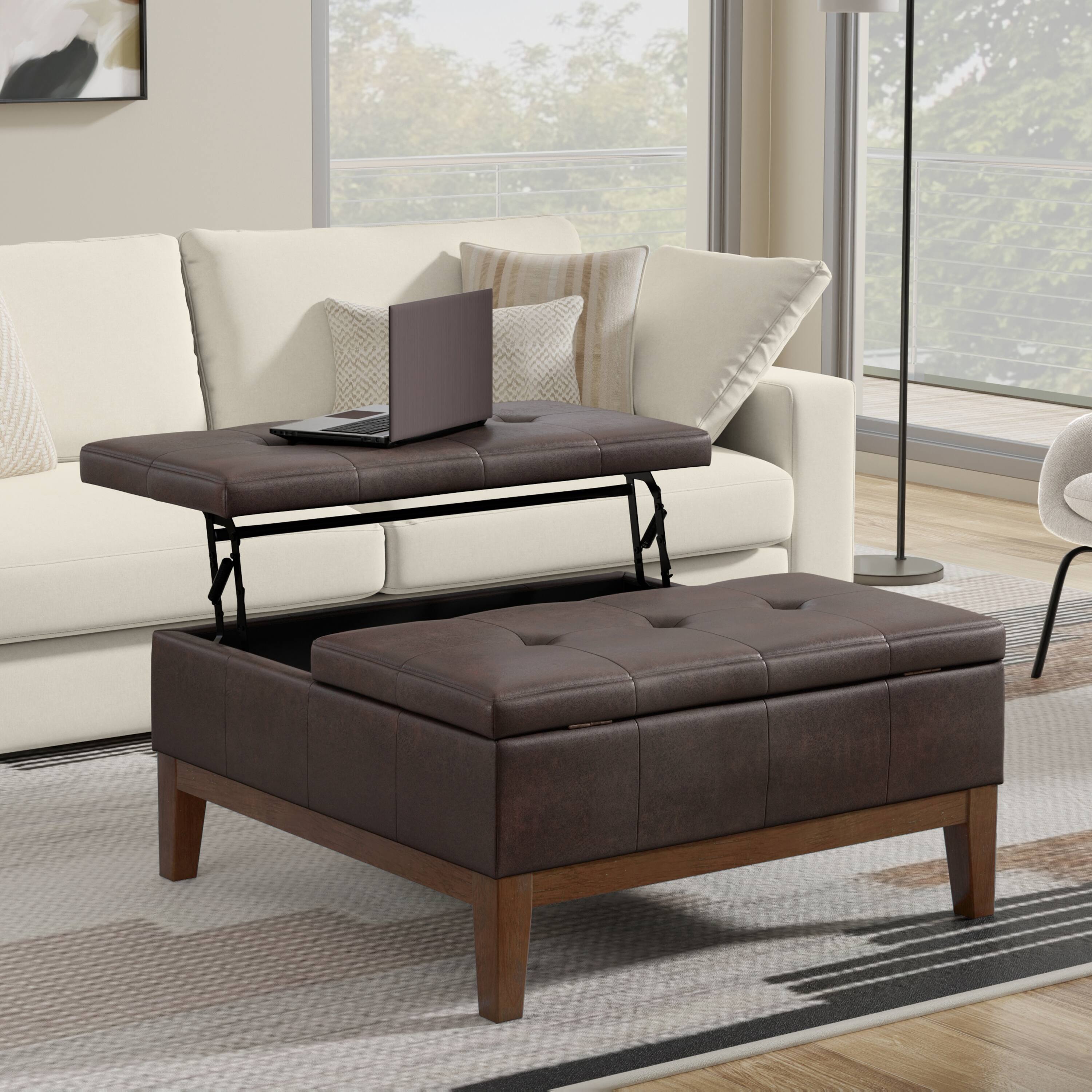 Angle. Simpli Home - Dover 36 inch Contemporary Square Lift Top Coffee Table Storage Ottoman in Distressed Brown Vegan Faux Leather,Assembled - Distressed Brown.