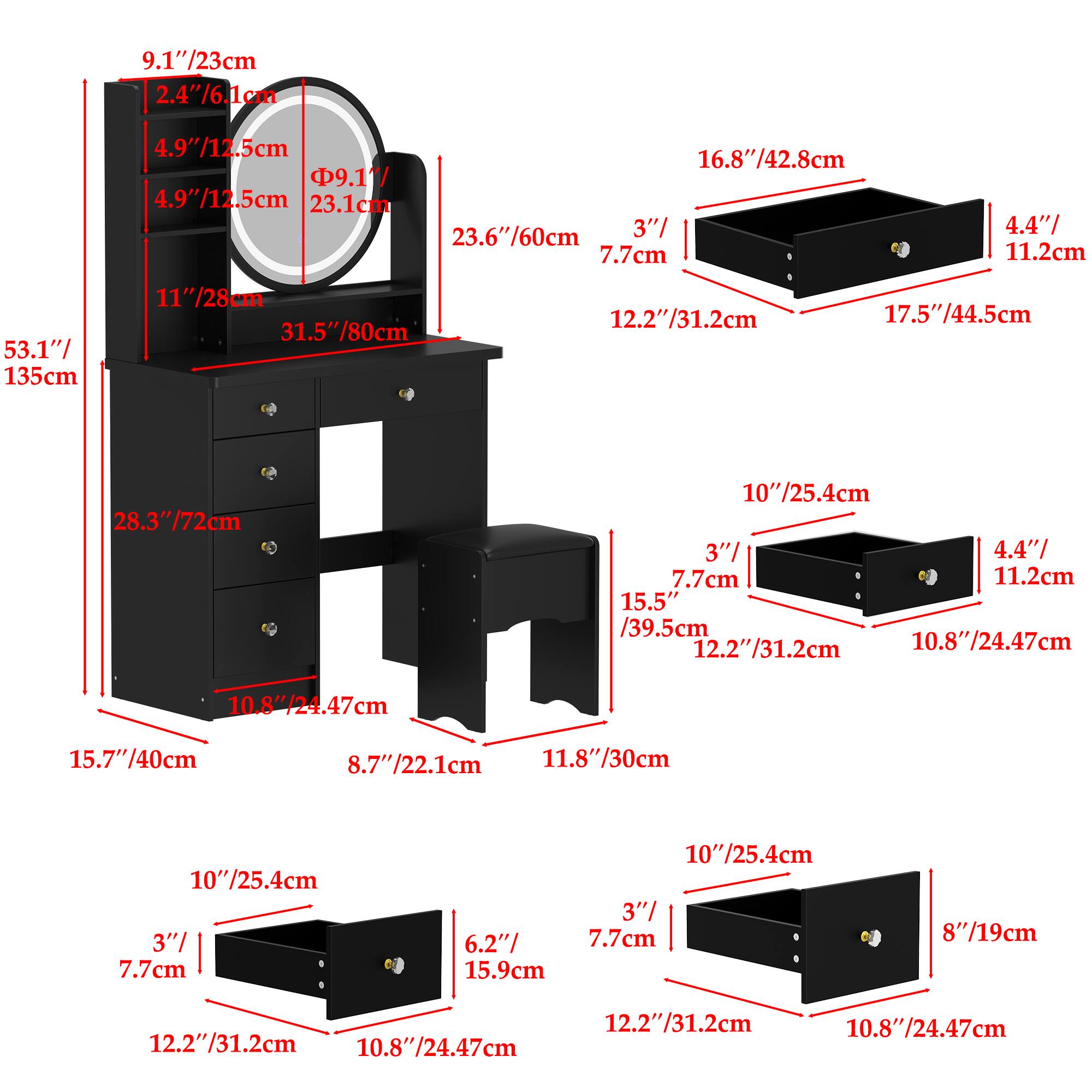 Here is the corrected and grouped text based on the image:

- 9.1"/23cm
- 2.4"/6.1cm
- 4.9"/12.5cm
- 16.8"/42.8cm
- 23.1cm
- 23.6"/60cm
- 3"/7.7cm
- 4.4"/11.2cm
- 53.1"/135cm
- 11"/28cm
- 31.5"/80cm
- 12.2"/31.2cm
- 17.5"/44.5cm
- 28.3"/72cm
- 10"/25.4cm
- 3"/7.7cm
- 11.2cm
- 15.5"/39.5cm
- 10.8"/24.47cm
- 15.7"/40cm
- 8.77"/22.1cm
- 11.8"/30cm
- 8"/19cm
- 12.2"/31.2cm
- 10.8"/24.47cm