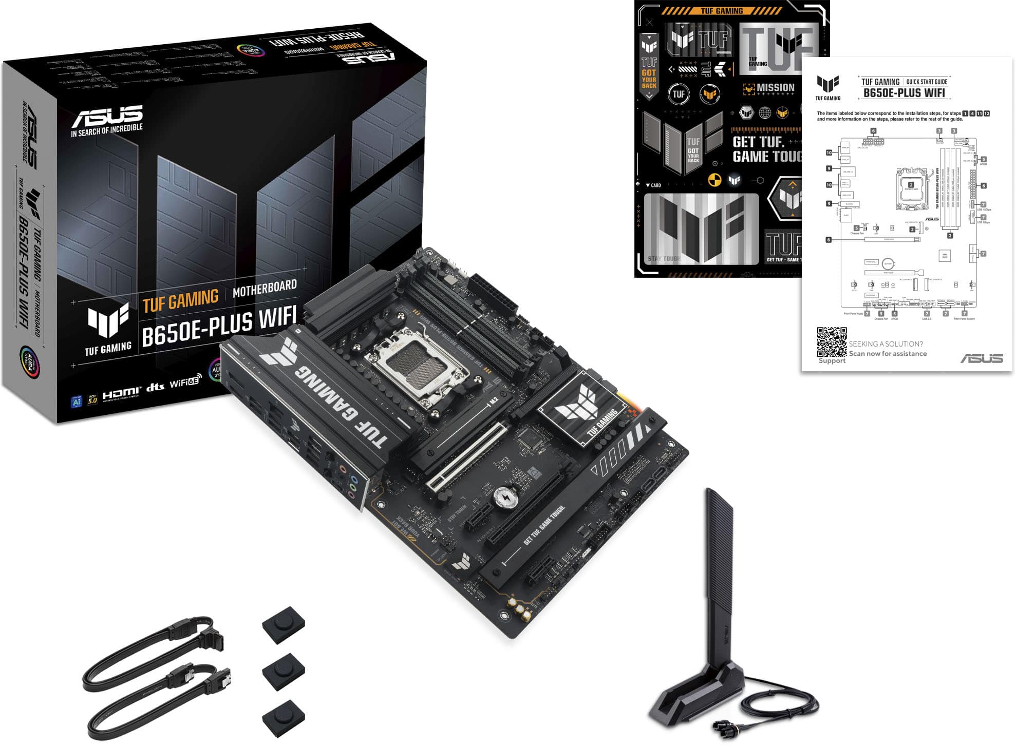 The image features an ASUS TUF B650E-PLUS WIFI motherboard, which is designed for gaming and comes with a built-in Wi-Fi feature. The motherboard is displayed in a box, along with a user manual and a quick setup guide. The box also contains a power cord for the motherboard. The image showcases the various components of the motherboard, including the CPU, RAM, and other essential parts. The TUF GAMING brand is known for its high-quality and durable gaming products, making it a popular choice among gamers and enthusiasts.