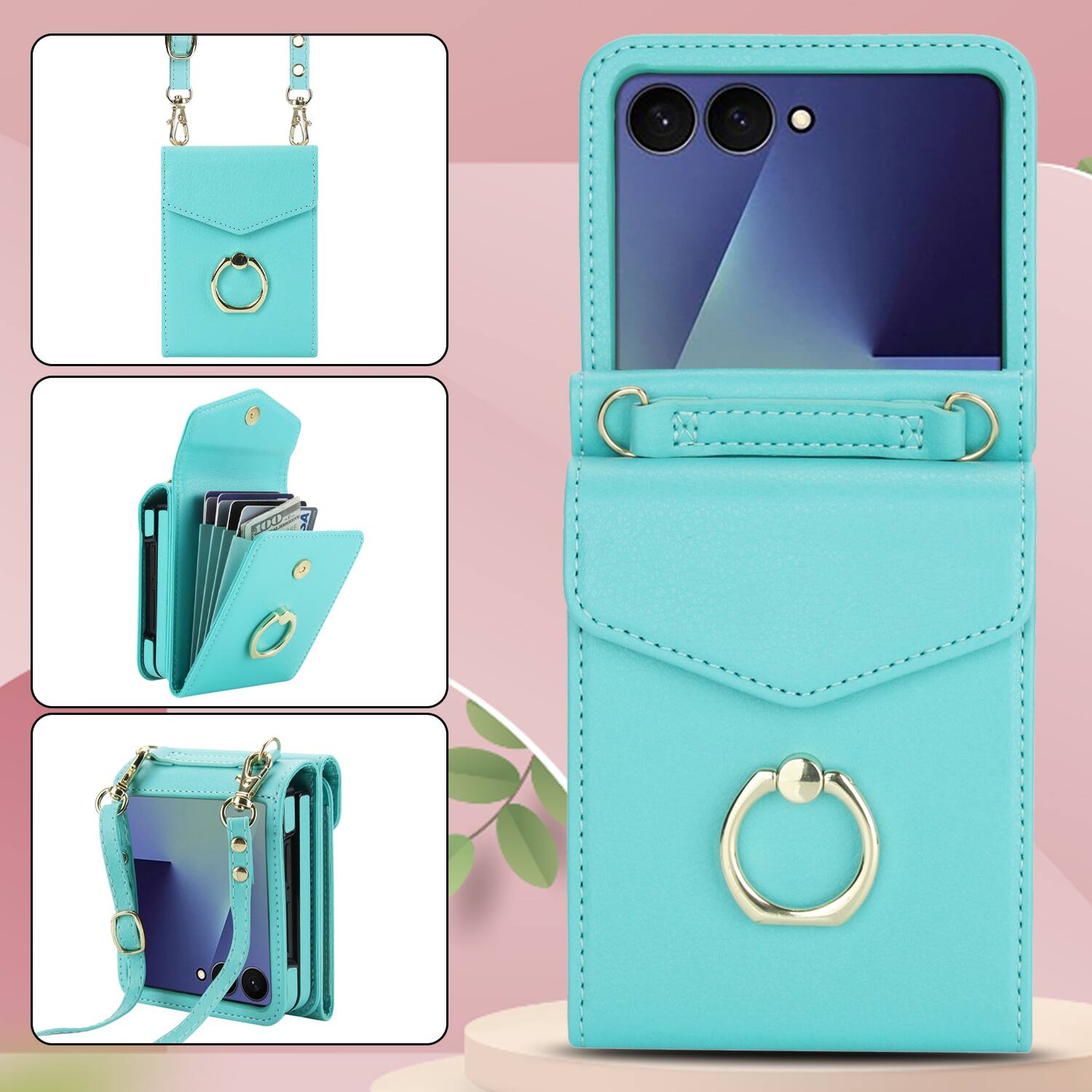 Alt View 5. Dteck - Wallet Case for Samsung Galaxy Z Flip7, Crossbody Ring Stand Faux Leather Cover with RFID Blocking Card Holder+Strap - Green.