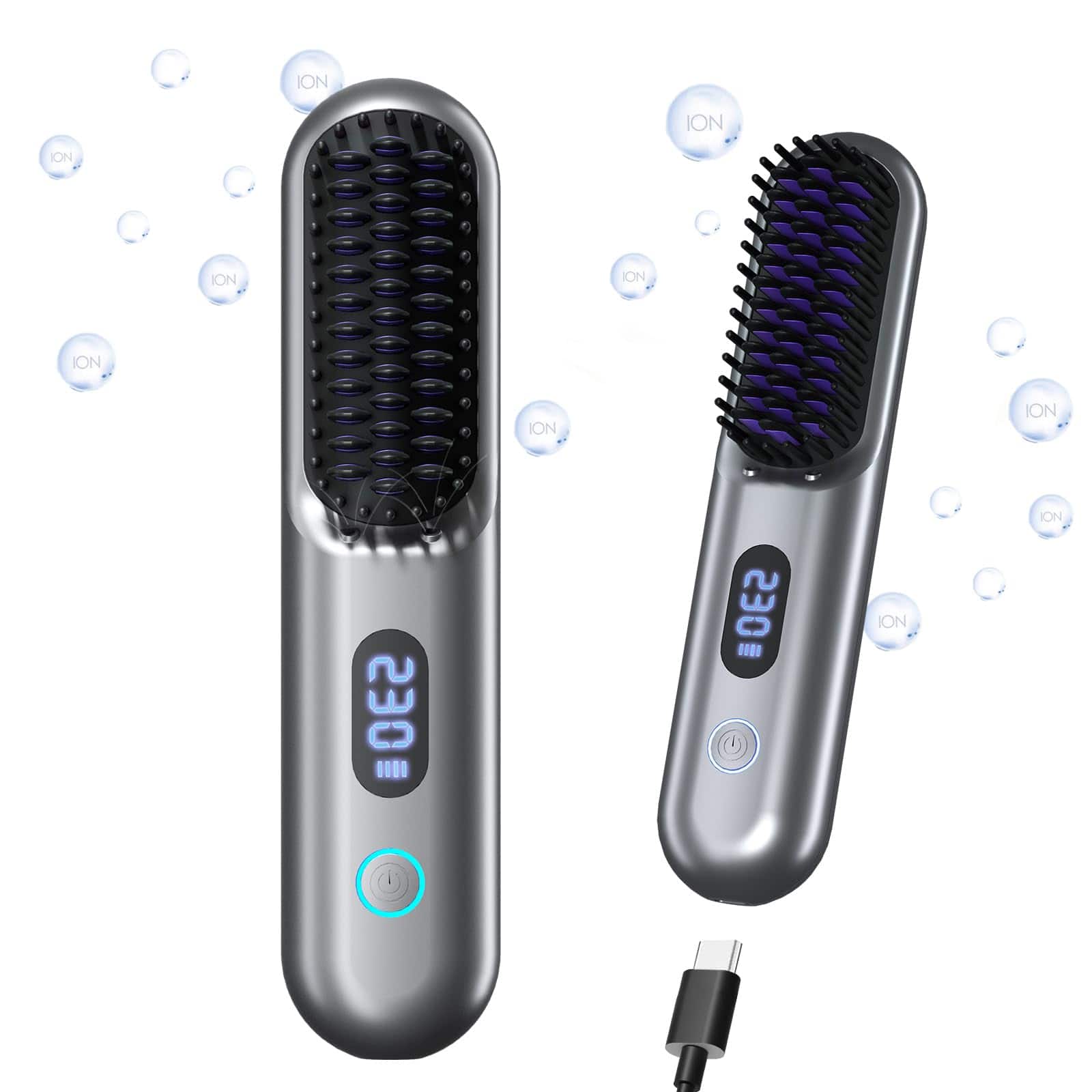 Dazzling Pops - Cordless Hair Straightener Brush Portable With Mini Straightening Comb For Travel Rechargeable Batt - Metallic Grey