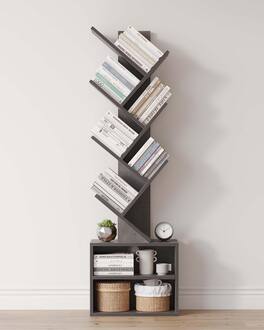 Dazzed Corner - 6 Tier Tree Bookshelf, Small Bookcase with Storage Cabinet - Gray