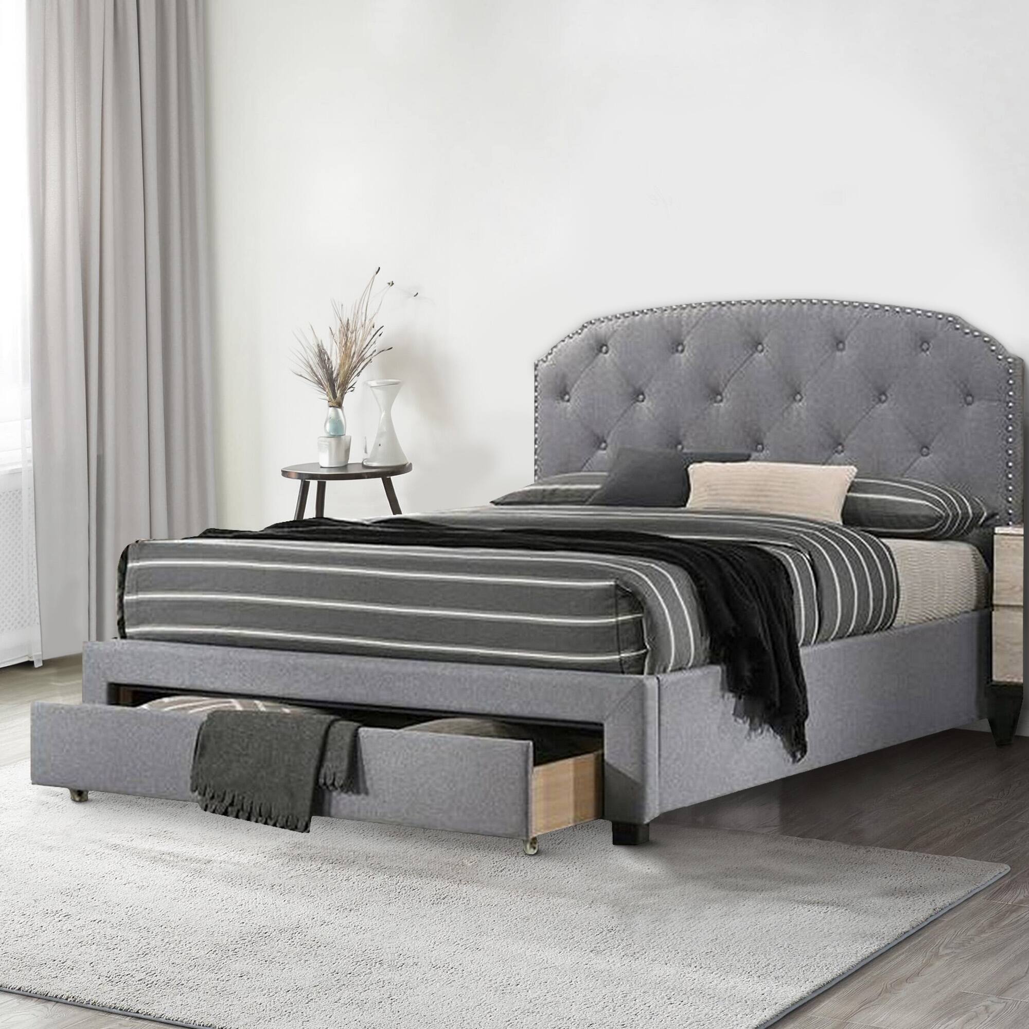 Alt View 5. Manhattan Lane - Nue Twin Upholstered Bed with Curved Tufted Headboard, Nailhead Trim - Gray.