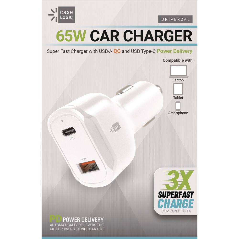 **case LOGIC**
**65W CAR CHARGER**
Super Fast Charger with USB-A QC and USB Type-C Power Delivery
Compatible with:
- Laptop
- Tablet
- Smartphone
**UNIVERSAL**
**PD POWER DELIVERY**
Automatically delivers the most power a device can use
**3X SUPERFAST CHARGE**
Compared to 1A