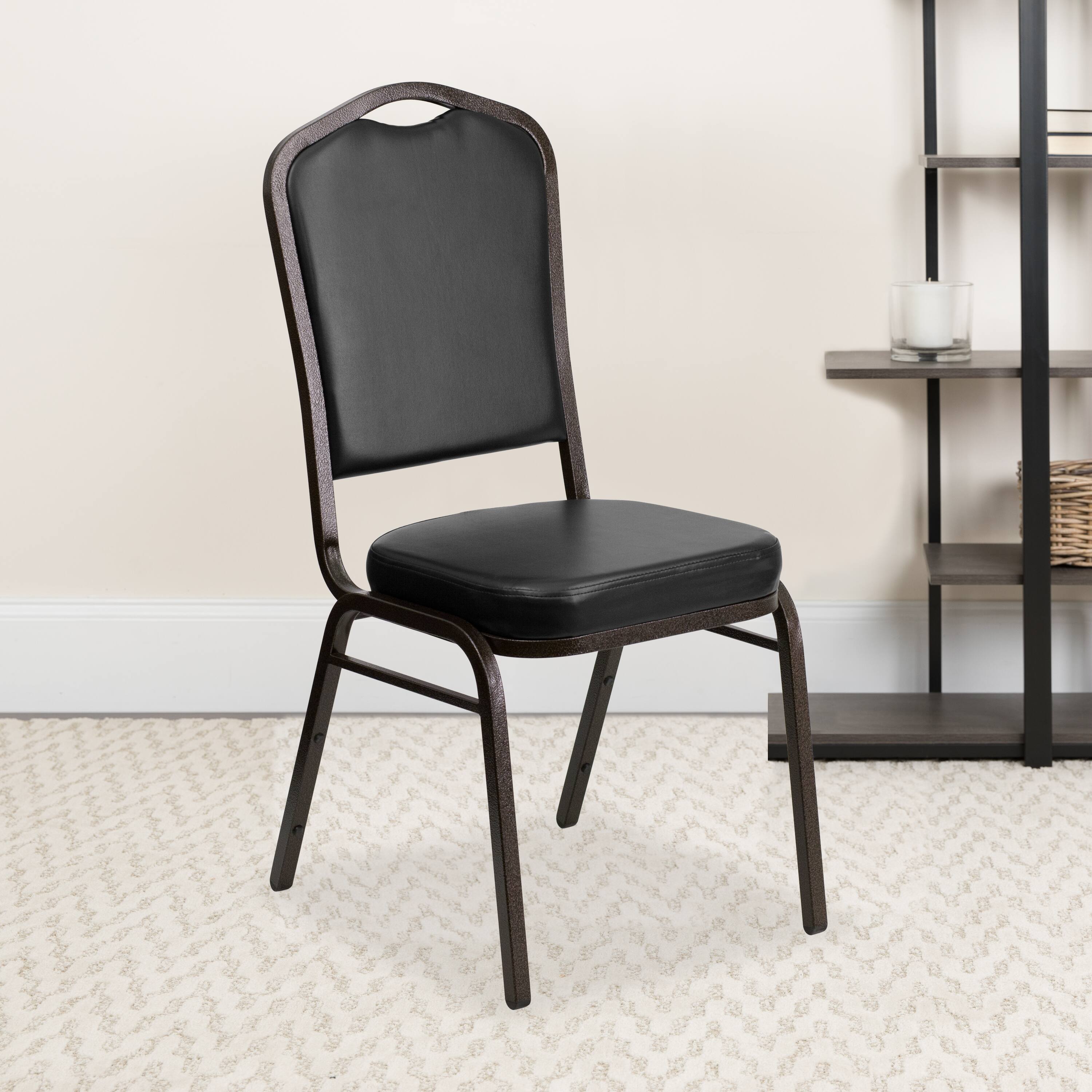 Alt View 2. Emma + Oliver - 4 Pack Crown Back Stacking Banquet Chair - Black Vinyl/Gold Vein Frame.