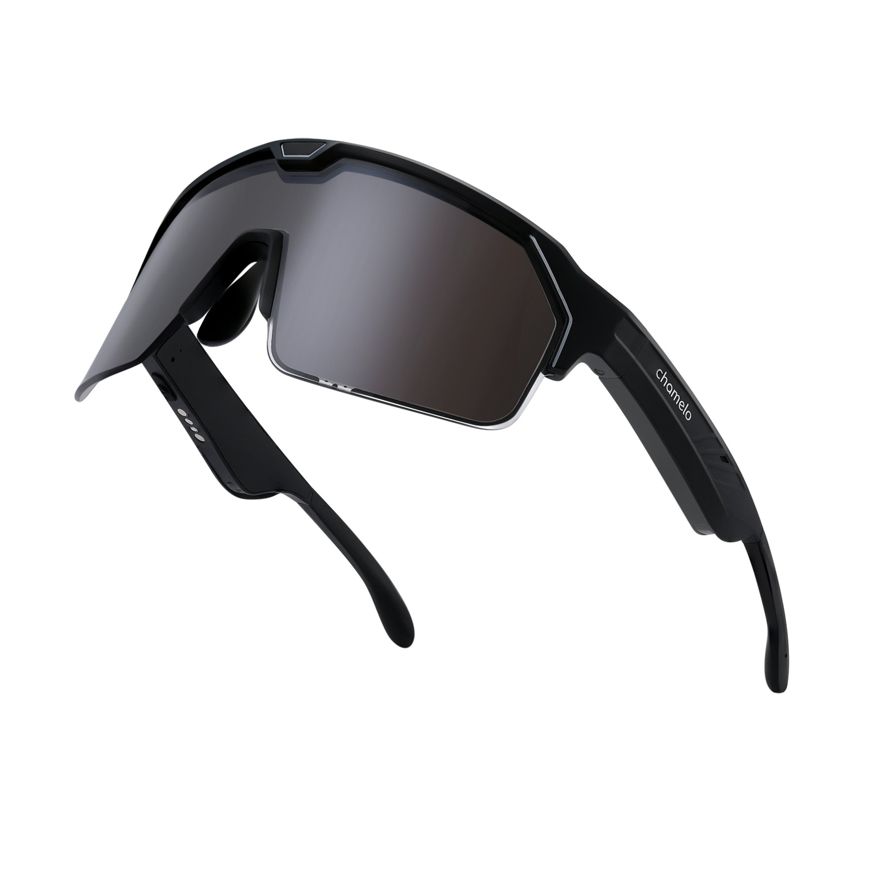 Angle. Chamelo - Sport Music Shield Slider HVL - Adjustable Electrochromic Tint - Smart Audio Sunglasses - Black frame | Smoke lenses.
