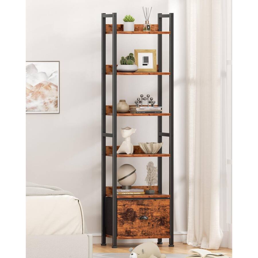 Furnulem 6 Tier Industrial Storage Bookshelf with Fabric Drawer for ...