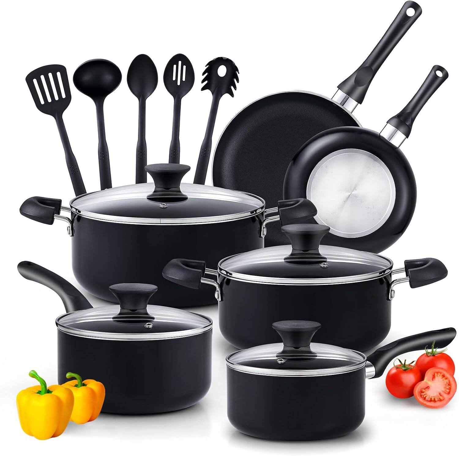 Front. Cook N Home - Basics Non-Stick Cooking Set includes Saucepans,Casserole with Lid, Frying Pans, Not Induction Compatible, 15PC Black - BLACK.
