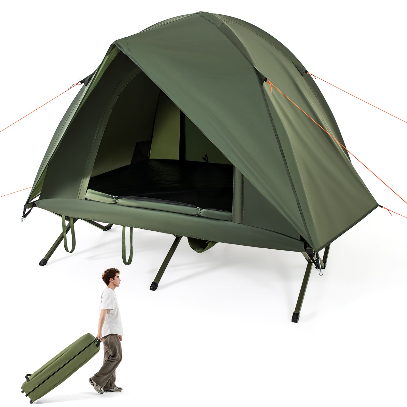 Gymax - 2-Person Camping Cot Combo Off-Ground Travel Cot Tent w/Pop-up Tent Shelter - Green