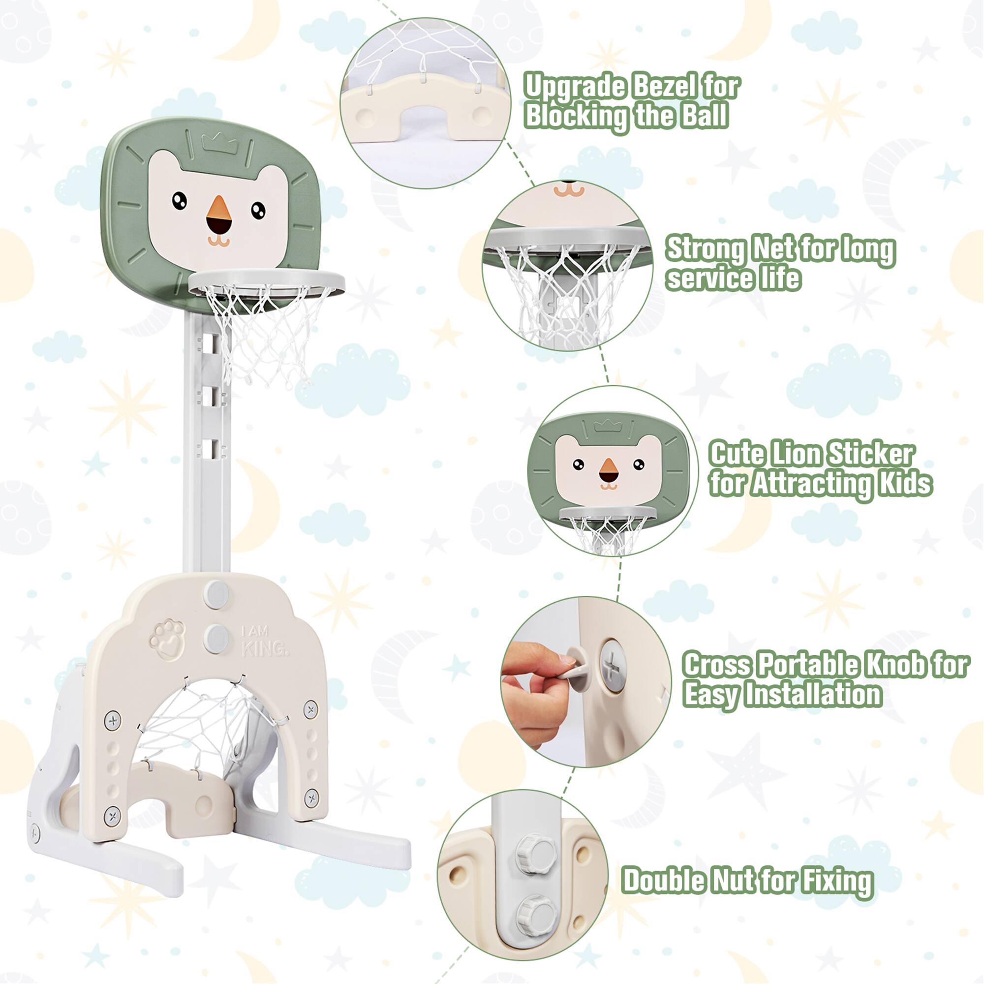 Upgrade Bezel for Blocking the Ball, Strong Net for long service life, Cute Lion Sticker for Attracting Kids, Cross Portable Knob for Easy Installation, Double Nut for Fixing