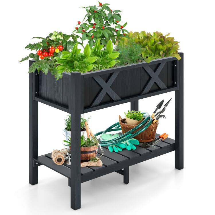 Front. SlickBlue - Outdoor Raised Planter Box with HIPS Poly Wood Construction - Black.