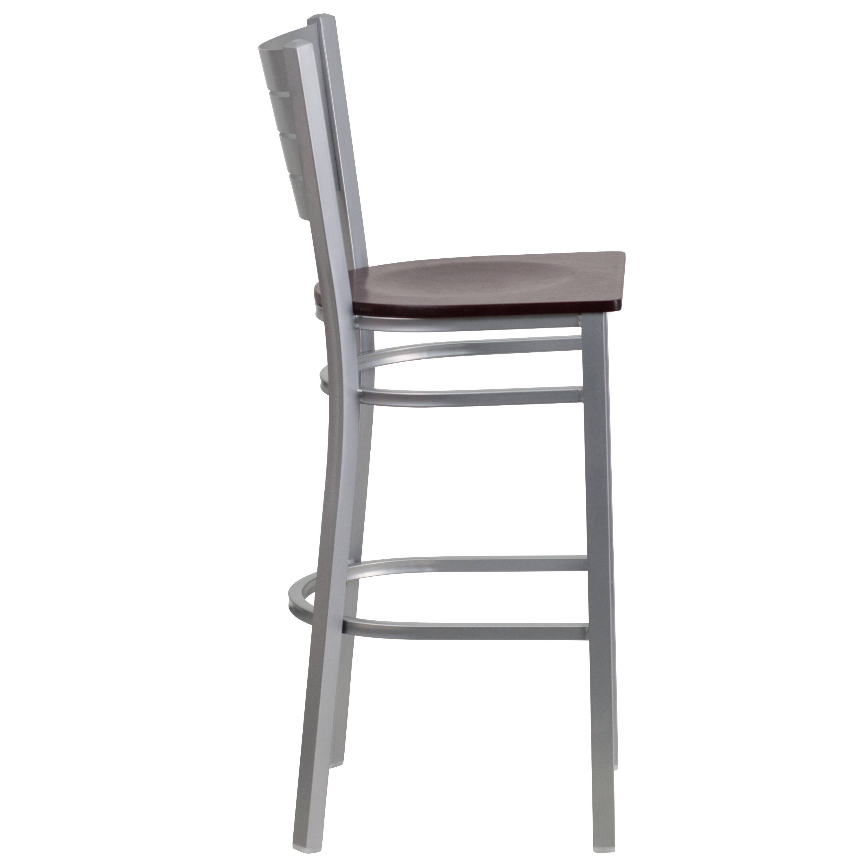 Alt View 4. Emma + Oliver - Silver Slat Back Metal Restaurant Dining Barstool - Mahogany Wood Seat/Silver Frame.
