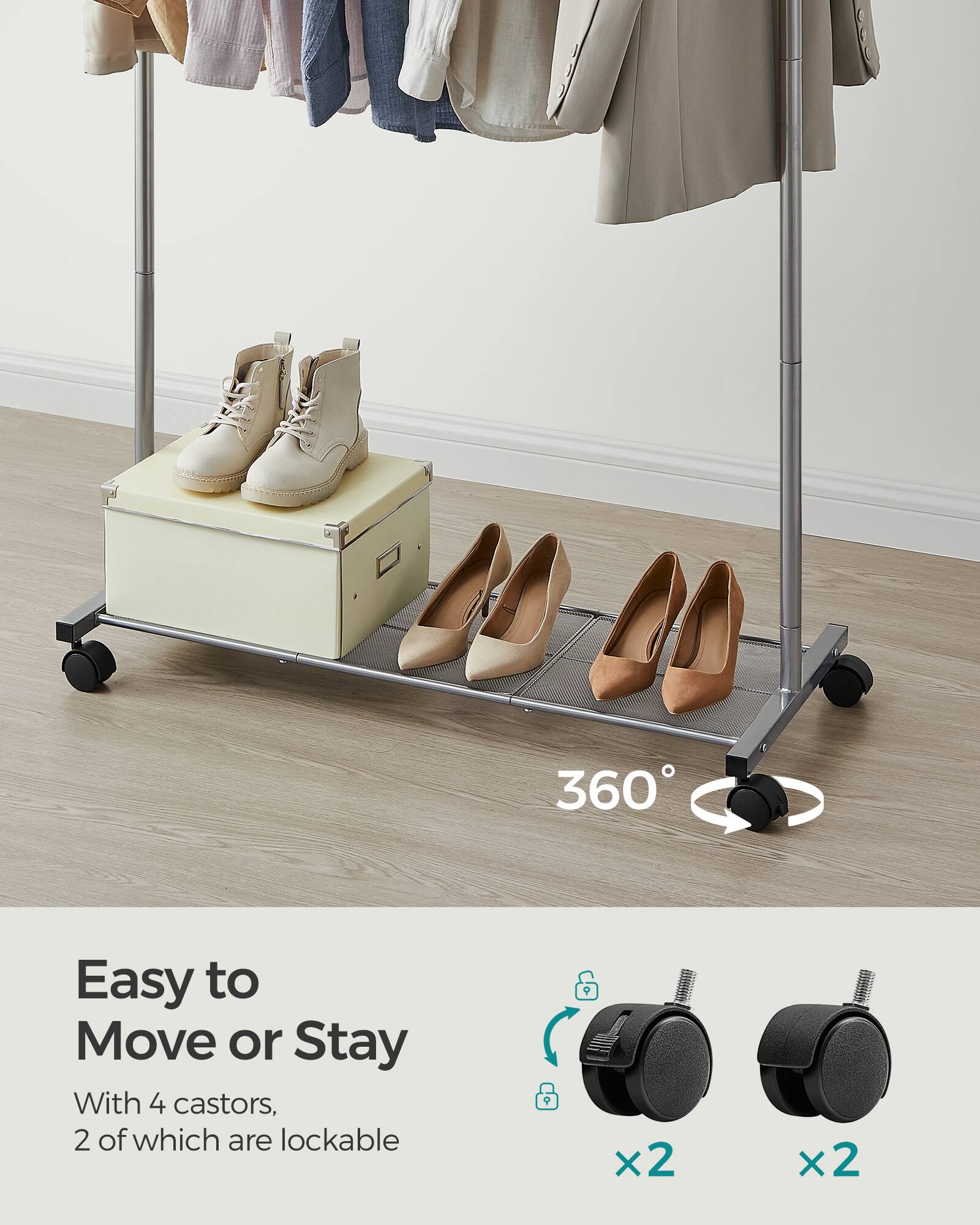 360° Easy to Move or Stay  
With 4 castors, 2 of which are lockable  
9 x 2 x 2