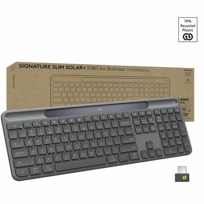 Logitech - Signature Slim Solar+ K980 for Business, Wireless Keyboard, Quiet Typing, Secure Receiver, Bluetooth, Windows - Graphite