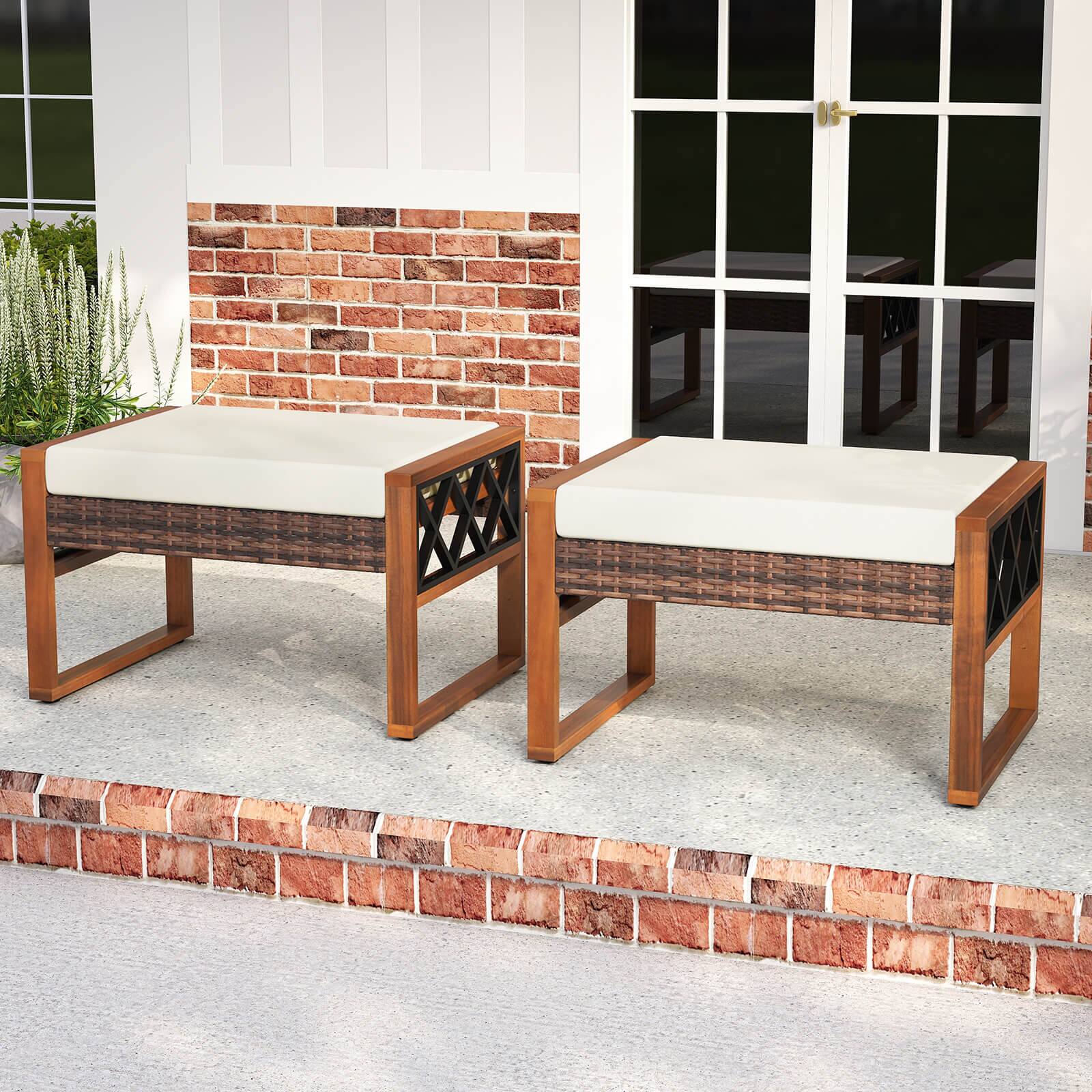 Alt View 3. Costway - Costway 2 PCS PE Rattan Wicker Ottomans Outdoor Patio Footstools Multipurpose Furniture - White.
