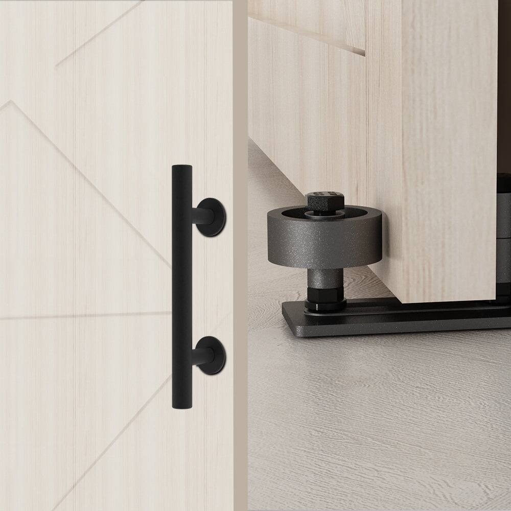 Alt View 1. Boyel Living - 12 in. Black Ladder Pull and Flush Sliding Barn Door Handle Set with Floor Guide - Black.