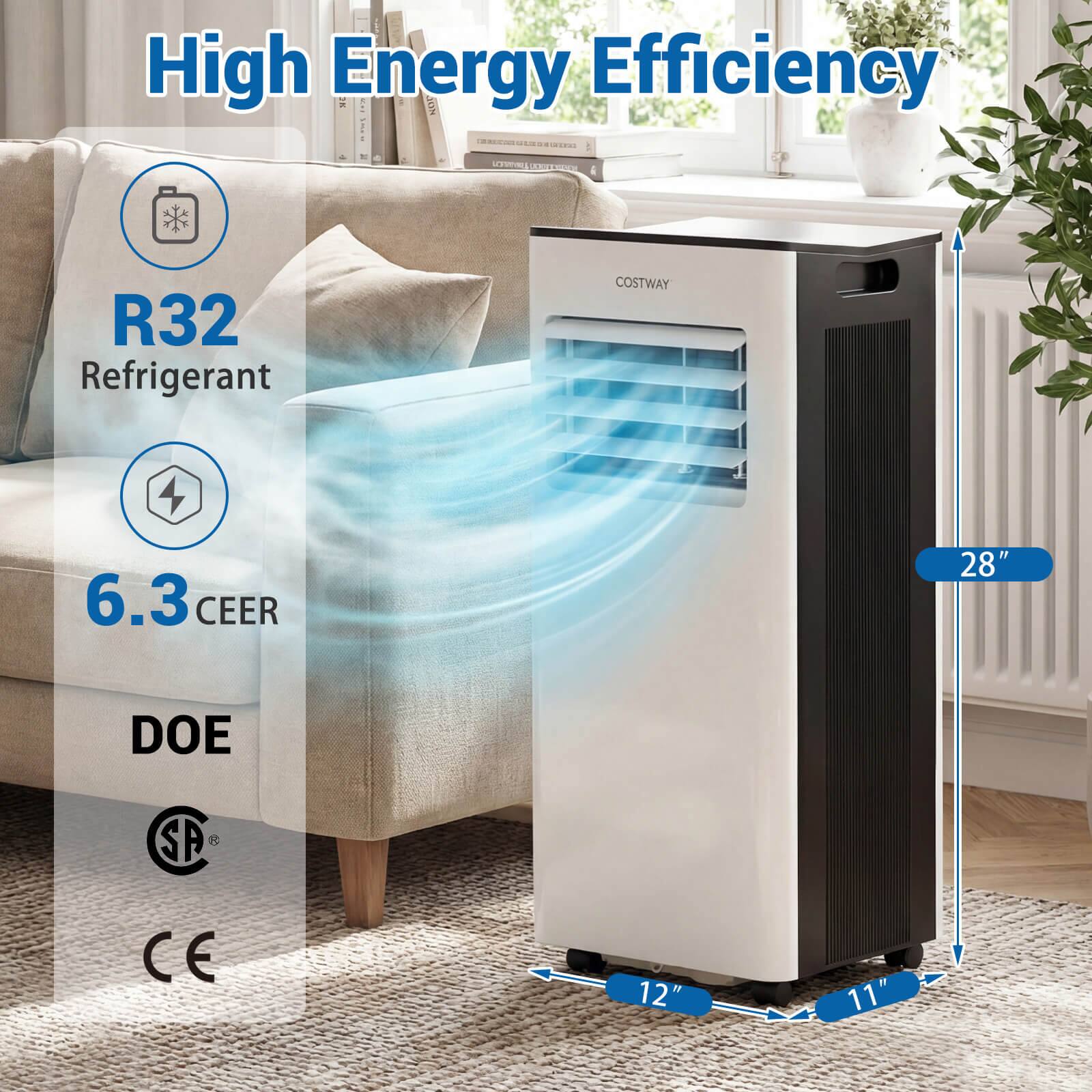 High Energy Efficiency

- R32 Refrigerant
- 6.3 CEER
- DOE
- SP
- CE

Dimensions:
- 28" (height)
- 12" (width)
- 11" (depth)