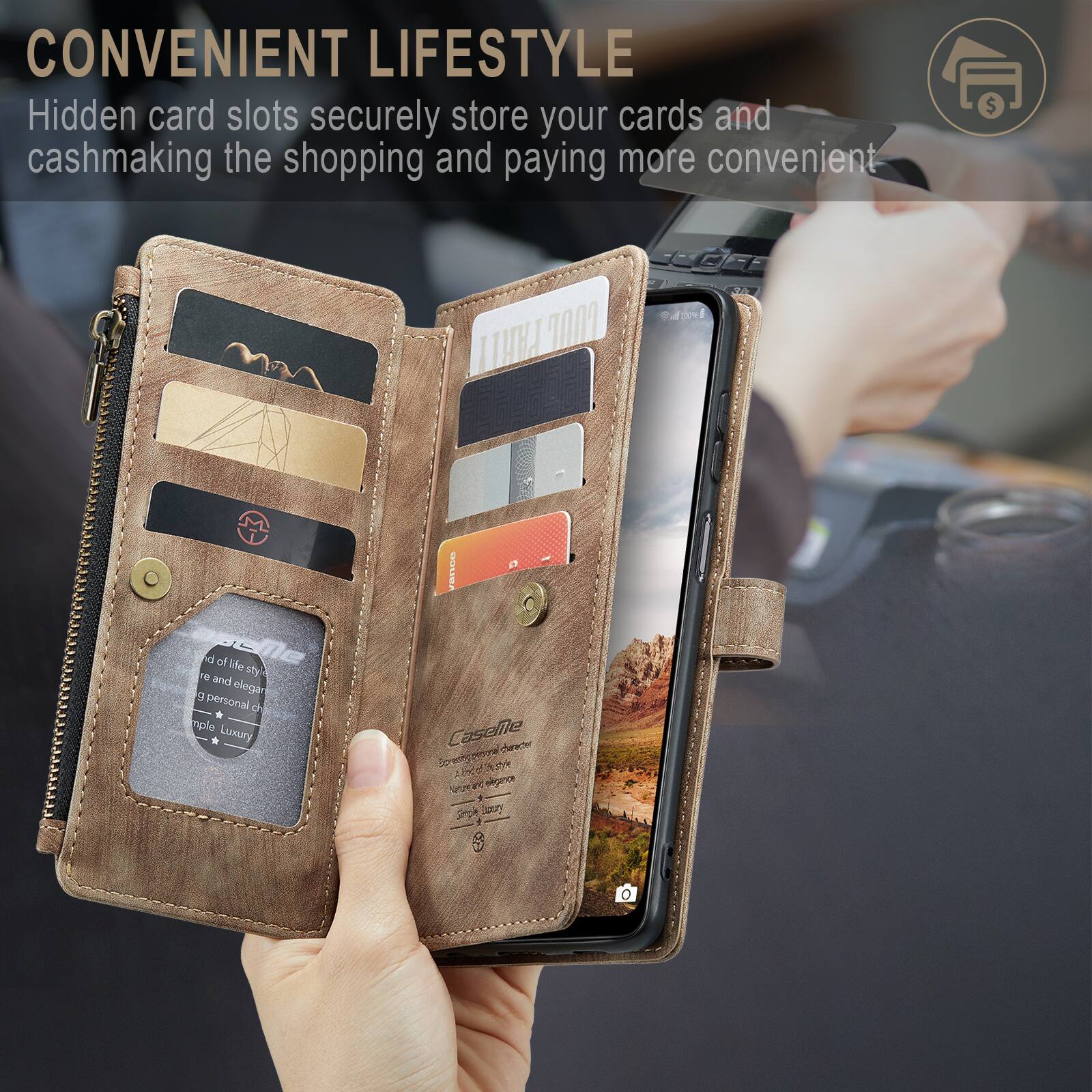 CONVENIENT LIFESTYLE  
Hidden card slots securely store your cards and cash, making the shopping and paying more convenient.  

ROEE PARII  
70m d seile of le 1e sty! and g elega personal d . aple Luxury RRA Casellle ceacer Sorng 2a ned oe . Ne R aigece F Sece boun - O