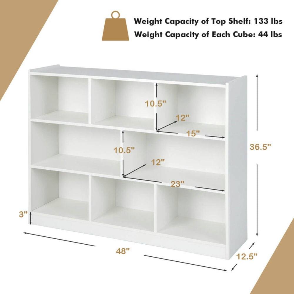 Weight Capacity of Top Shelf: 133 lbs  
Weight Capacity of Each Cube: 44 lbs  

Dimensions:  
- Width: 48"  
- Height: 36.5"  
- Depth: 12.5"  

Shelf Dimensions:  
- Top Shelf: 10.5" x 12"  
- Middle Shelf: 10.5" x 12"  
- Bottom Shelf: 10.5" x 12"  

Cube Dimensions:  
- Width: 15"  
- Depth: 23"  
- Height: 3"