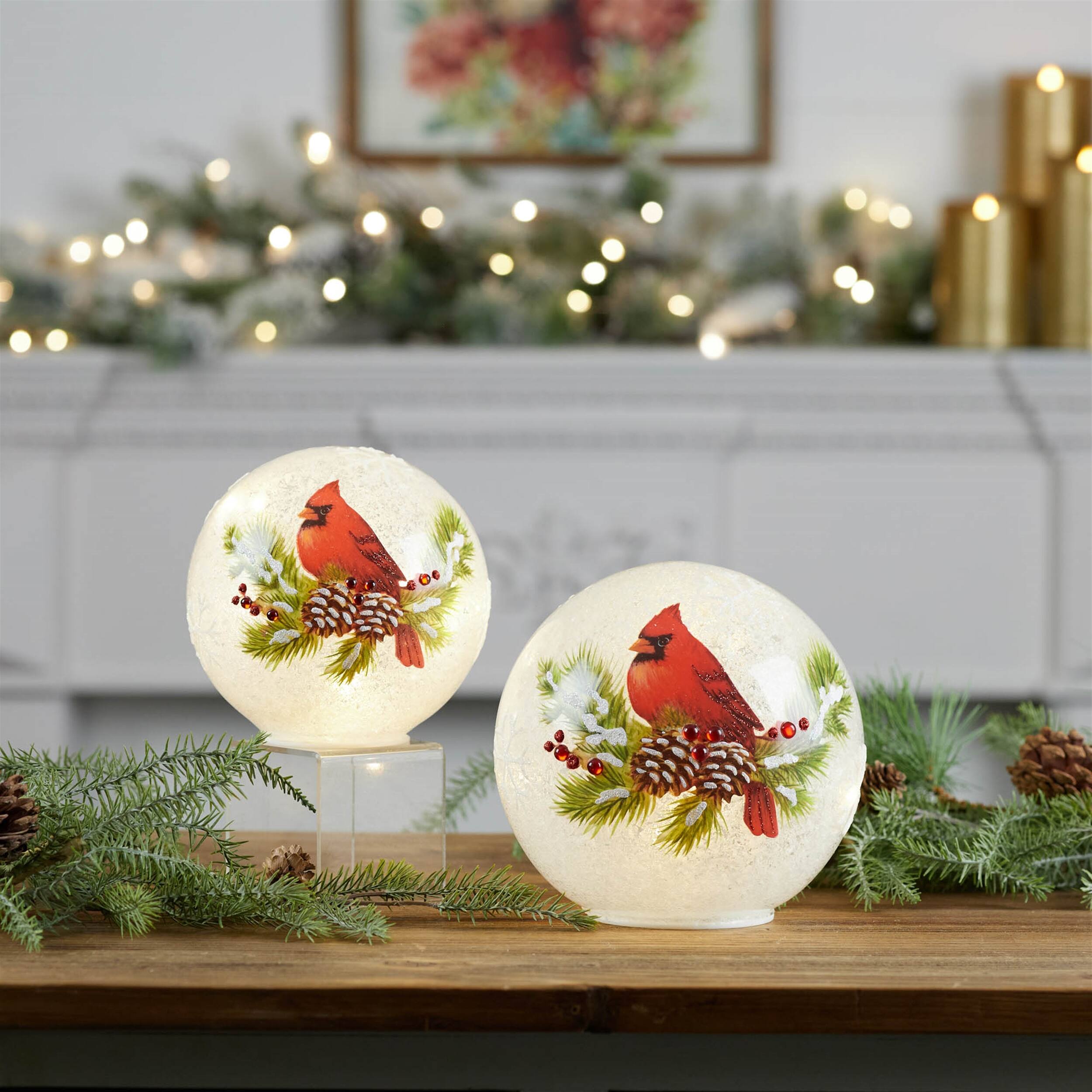 Angle. BreeBe - LED Cardinal Pine Globe (Set of 2) - White, Red.