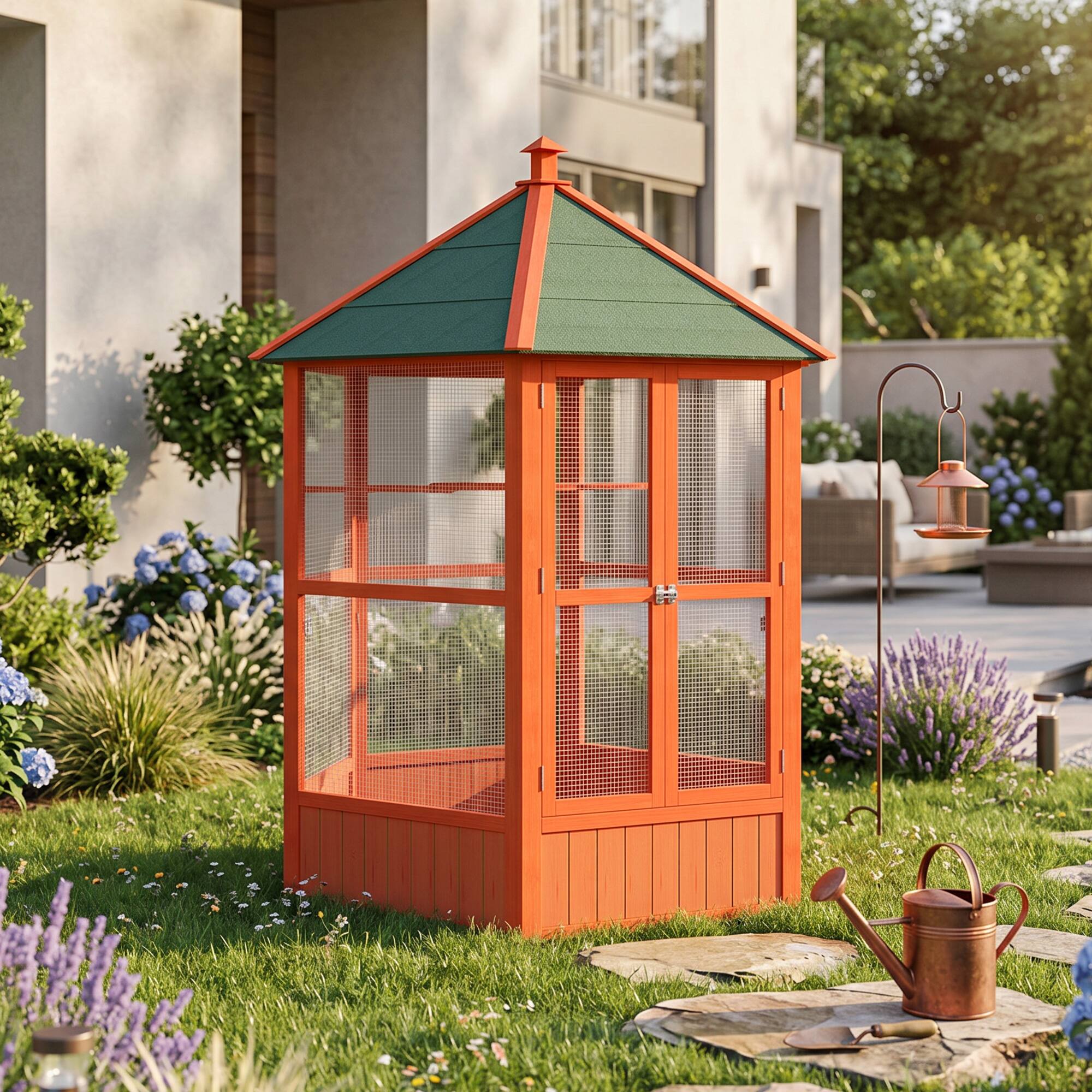 Alt View 8. Pawhut - Wooden Hexagonal Outdoor Aviary Flight Bird Cage With Covered Roof.