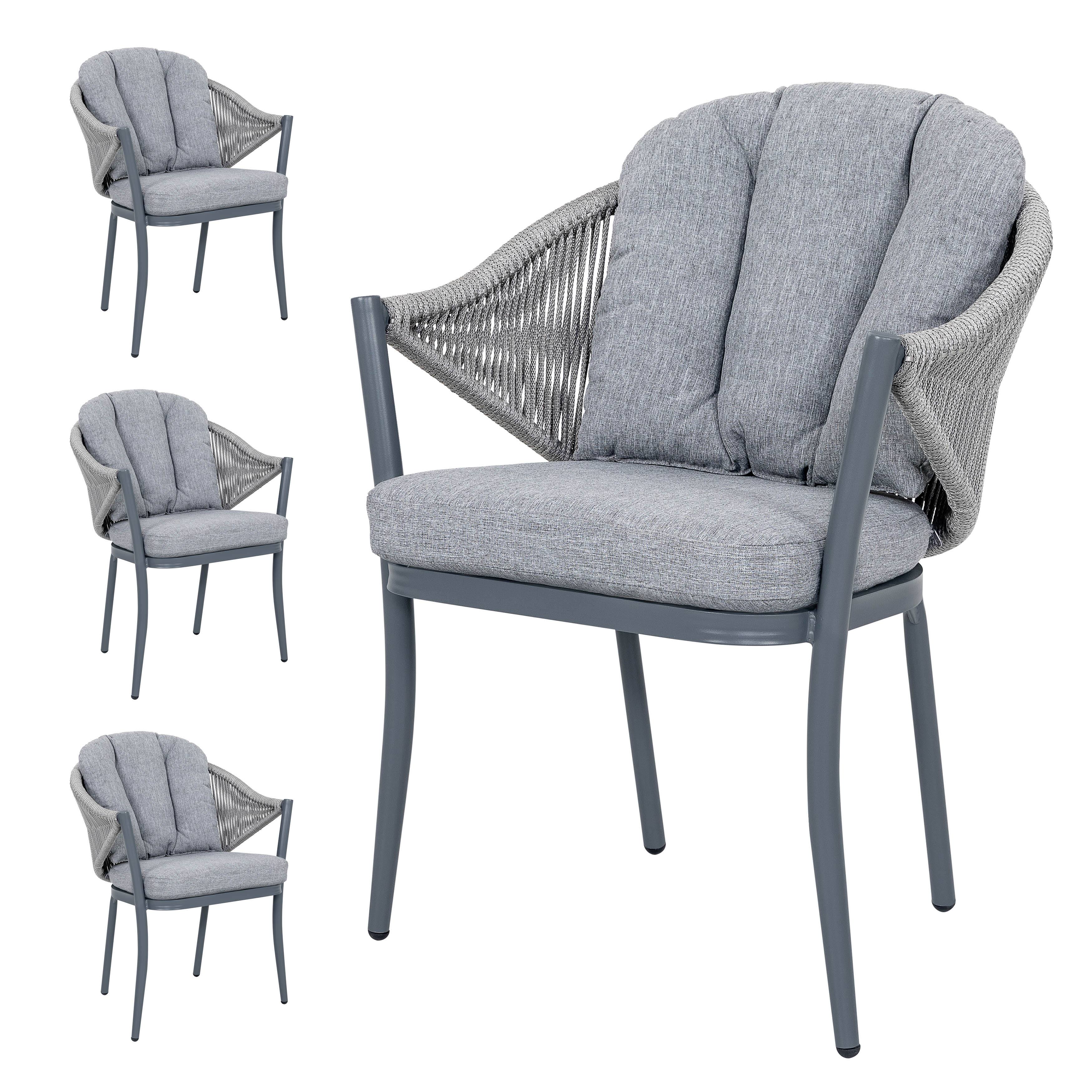 Nuu Garden - Outdoor 4-Piece Woven Rope Conversation Chair Set with Seat and Back Cushions, Aluminum - Gray