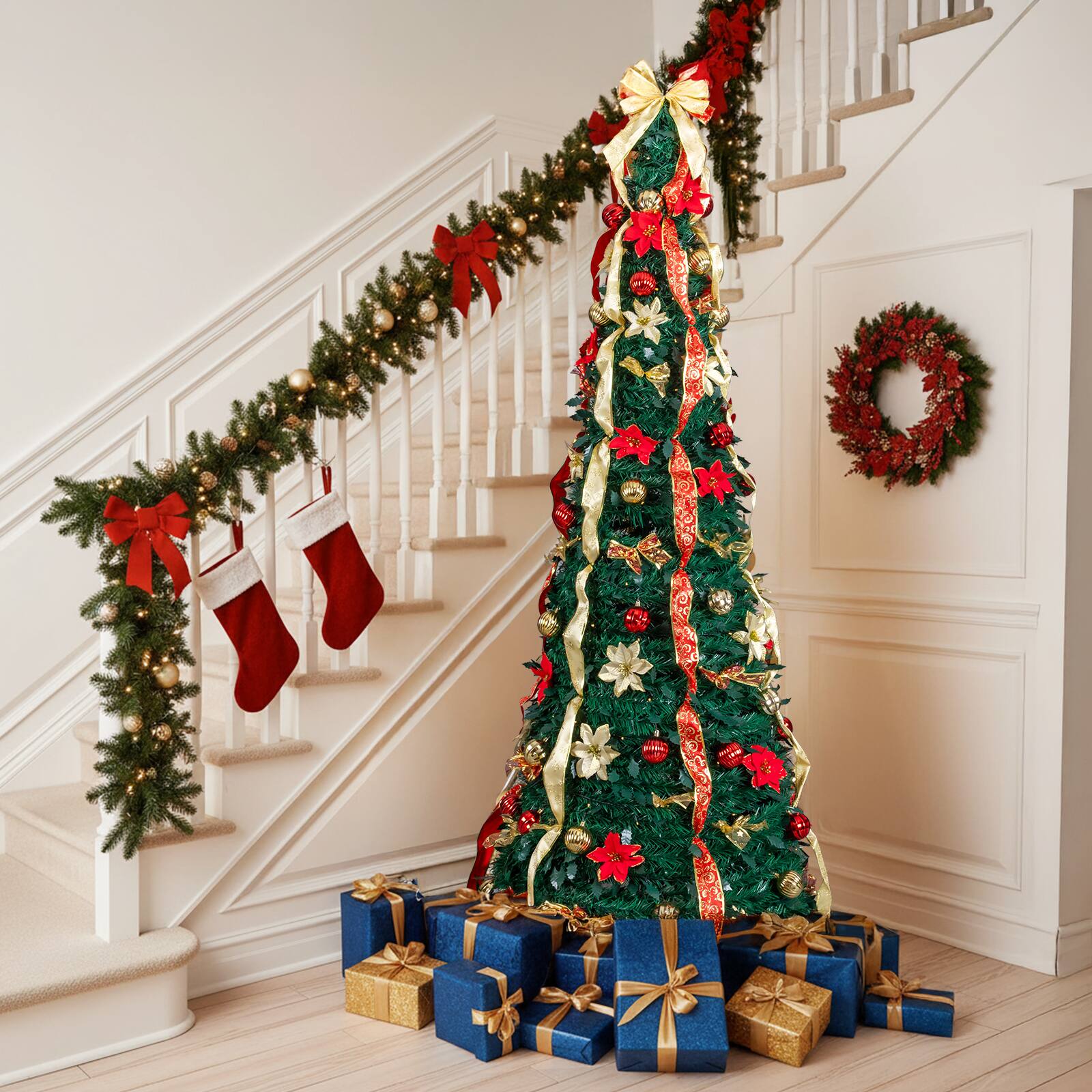 Alt View 3. VAVSEA - 7 ft Fully Decorated Pre-Lit Pop Up Christmas Tree with 200 Warm Lights, Remote & Red Gold Ornaments for Holidays - Green.