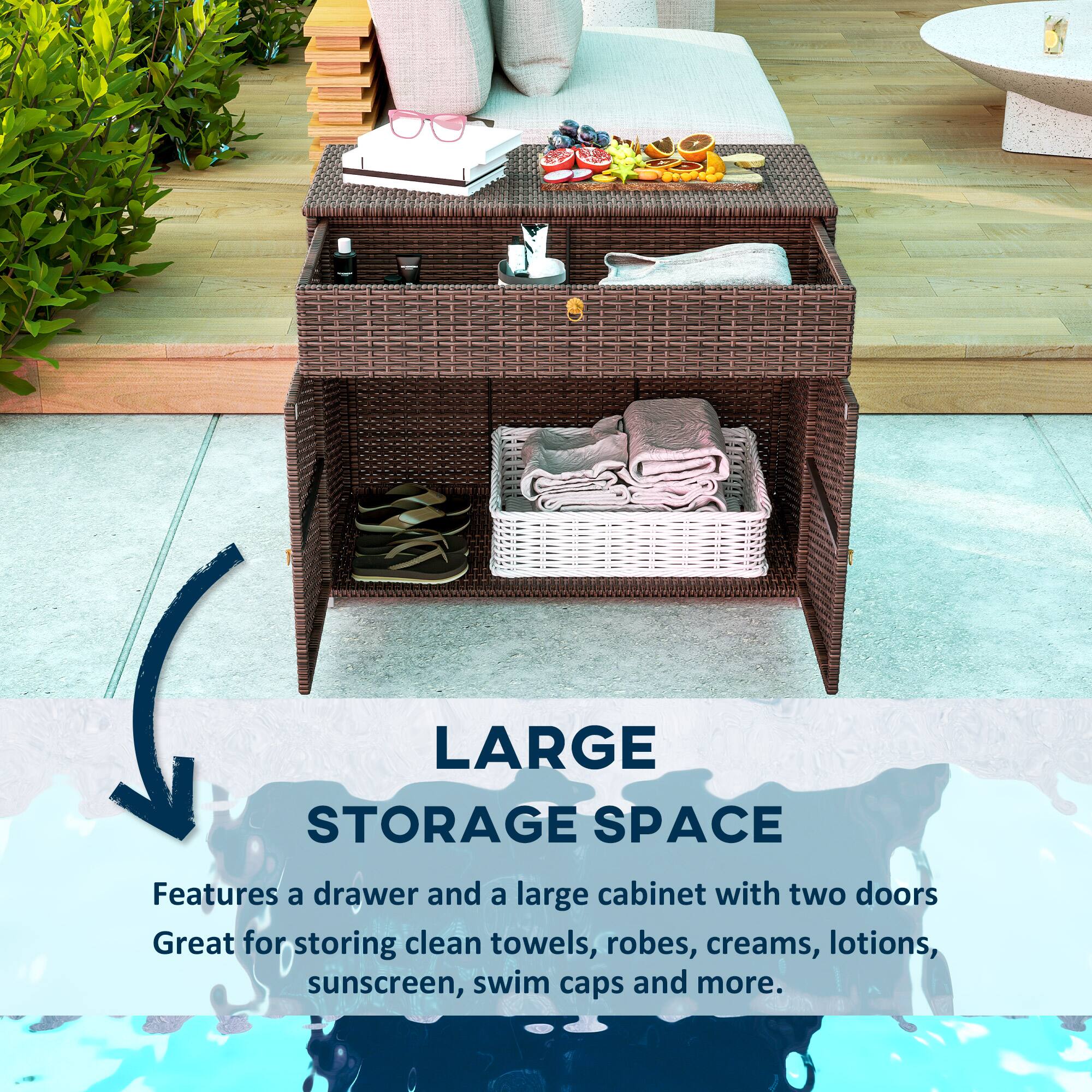 LARGE STORAGE SPACE
Features a drawer and a large cabinet with two doors
Great for storing clean towels, robes, creams, lotions, sunscreen, swim caps and more.