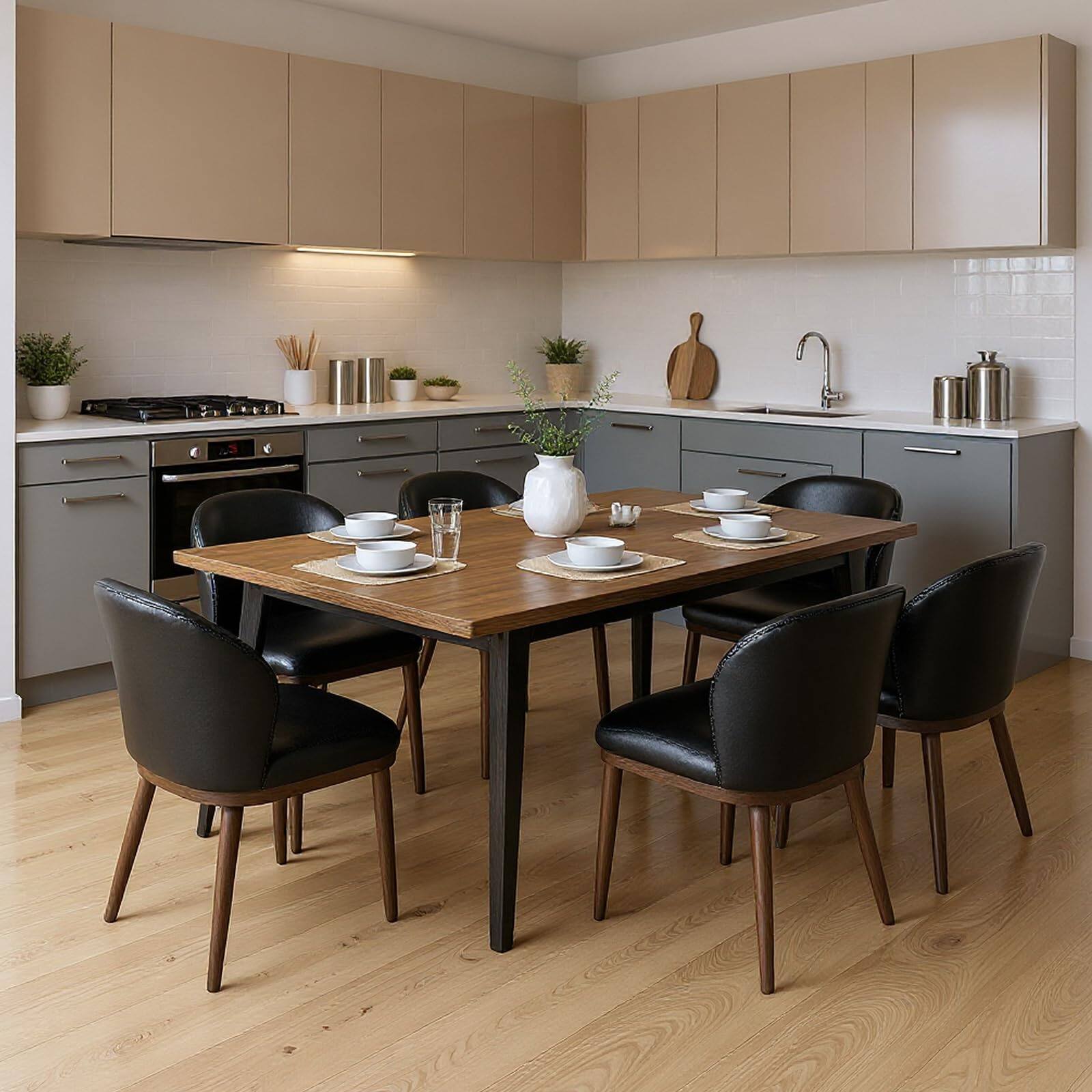 Acekool - Dining Chairs Set of 6, Upholstered Kitchen Chairs with Ergonomic Back Support & Wood Legs - Black PU