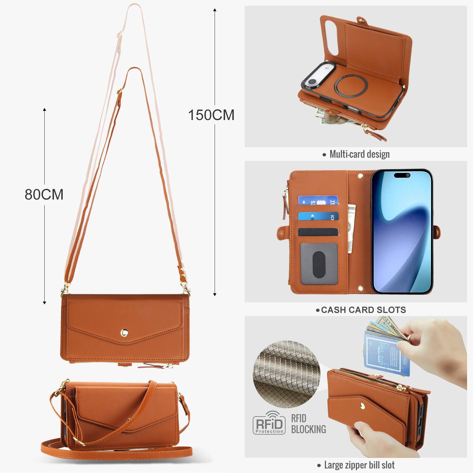 150CM Multi-card design 80CM CASH CARD SLOTS RFID RFiD Protection BLOCKING Large zipper bill slot