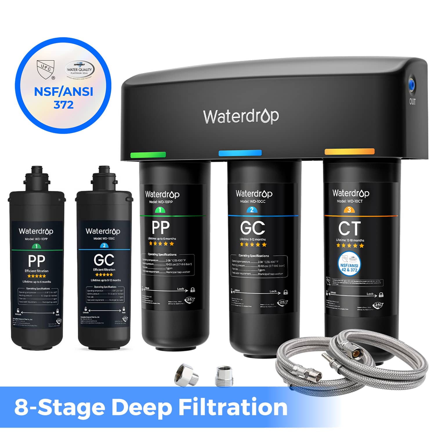 Waterdrop TSA Under Sink Water Filter System Extra 2 filters Black