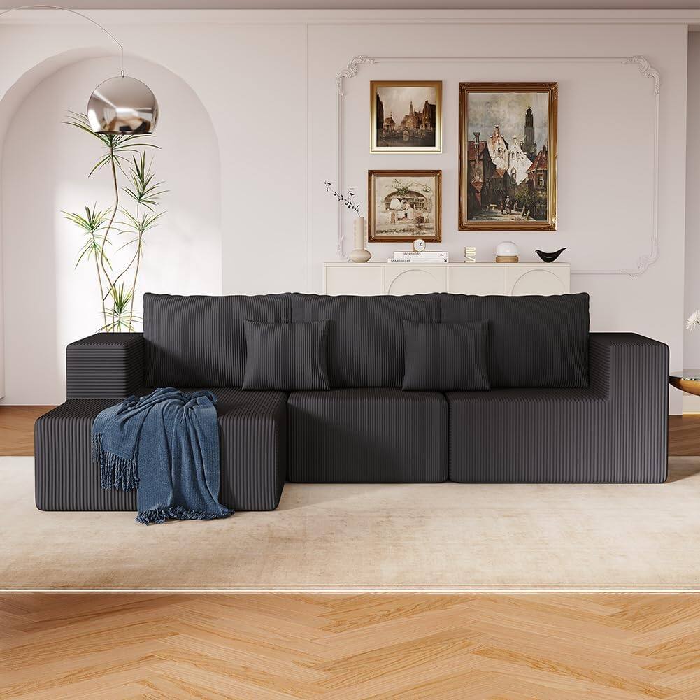 Alt View 2. Trinkets Crazed - 108.3in Sectional Foam Couch, Corduroy Fabric L Shape Sofa with Chaise Lounge - dark gray.