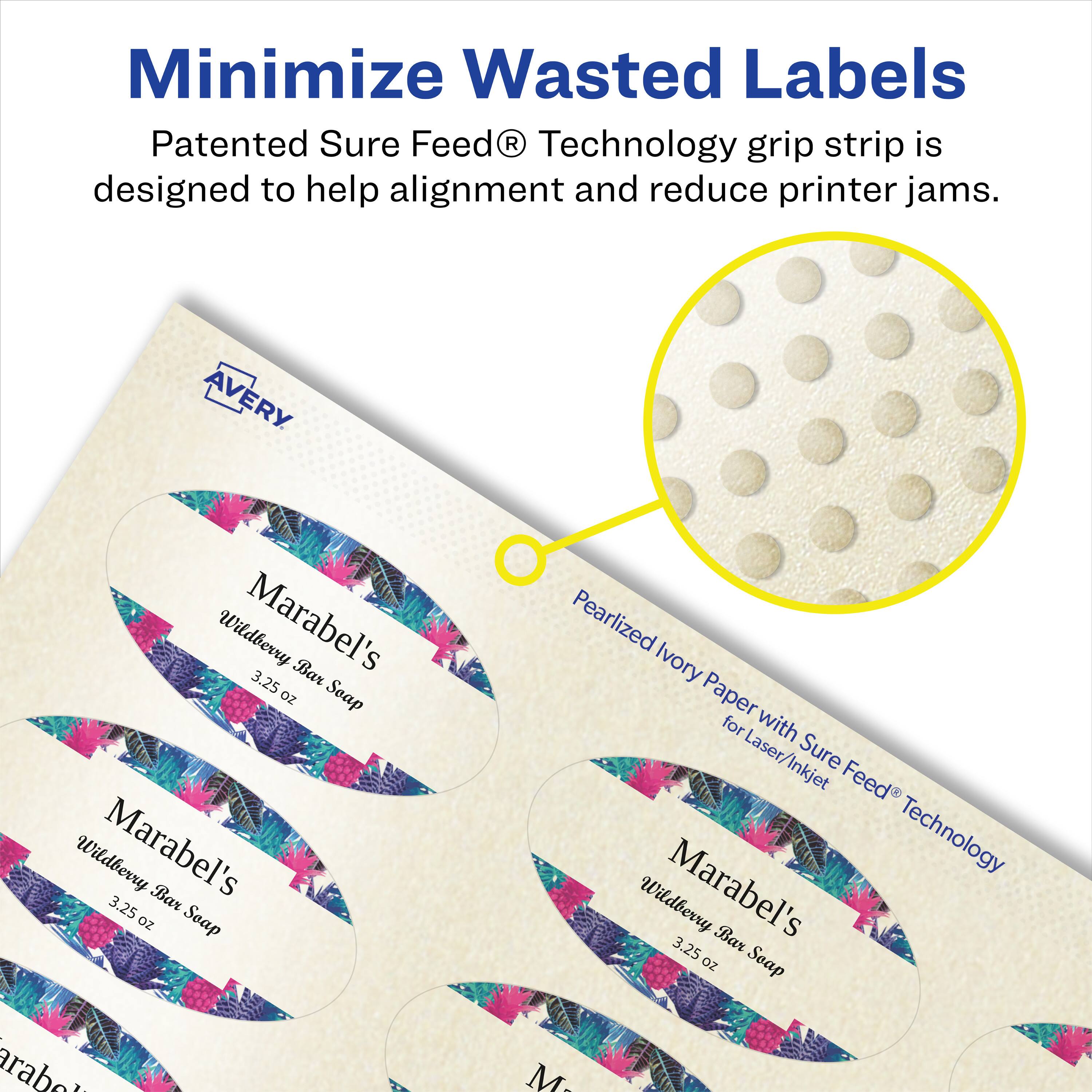 Minimize Wasted Labels

Patented Sure Feed® Technology grip strip is designed to help alignment and reduce printer jams.

AVERY Wildberry Marabel's Bar Soap 3.25 oz Seap

Pearlized Ivory Paper for Laser/Inkjet with Sure Feed® Technology
