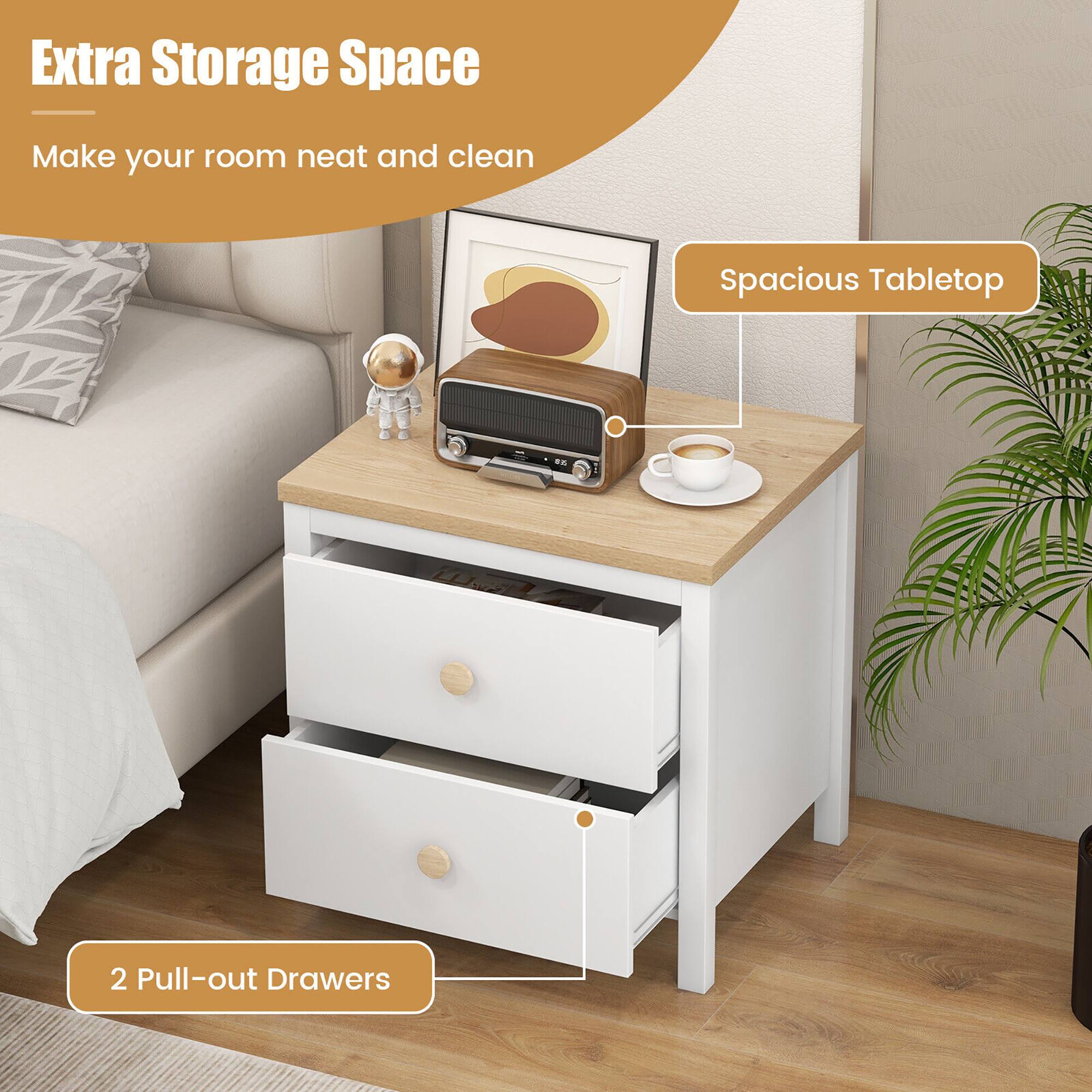 Extra Storage Space: Make your room neat and clean. Spacious Tabletop. 2 Pull-out Drawers.