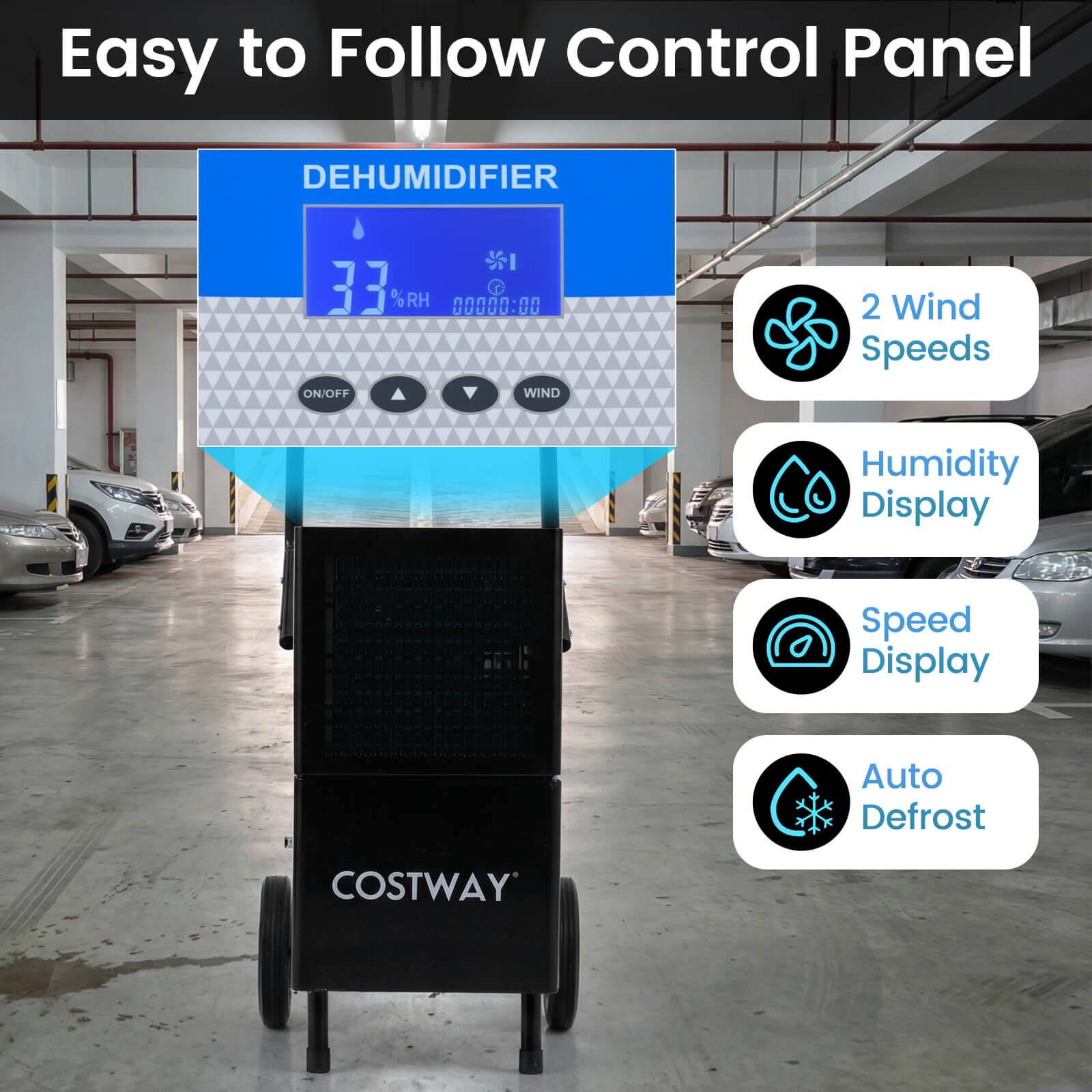 Easy to Follow Control Panel

DEHUMIDIFIER
33% RH
ON/OFF
WIND
2 Wind Speeds
Humidity Display
Speed Display
Auto Defrost

COSTWAY