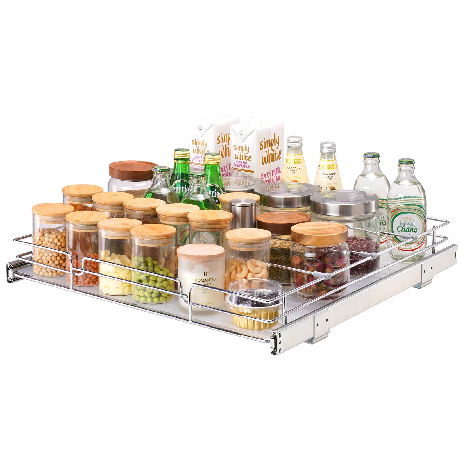 VEVOR - 21.5"Wx21"Dx3.5"H Pull Out Cabinet Organizer, Heavy Duty Slide Out Pantry Shelves, Steel Roll Out Drawers - Silver